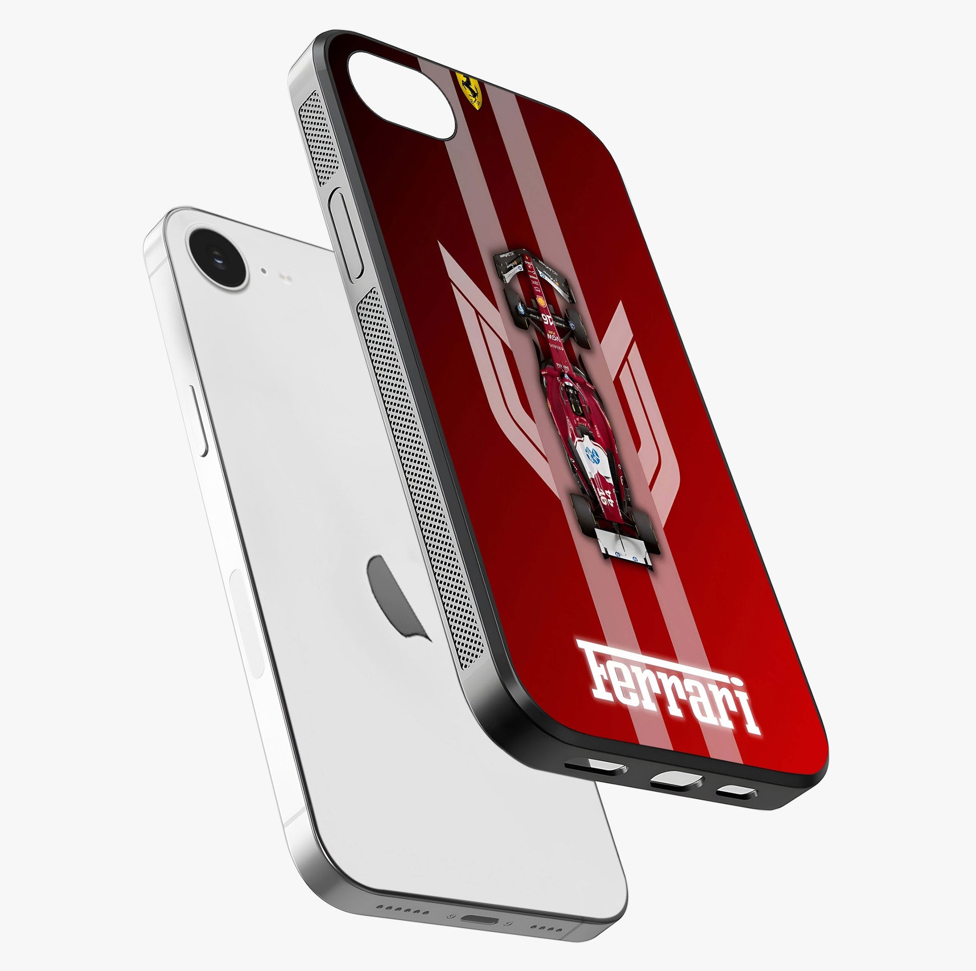 Red Ferrari F1 Vertical Glass Case laid diagonally highlighting side profile, edges and glossy glass shine.