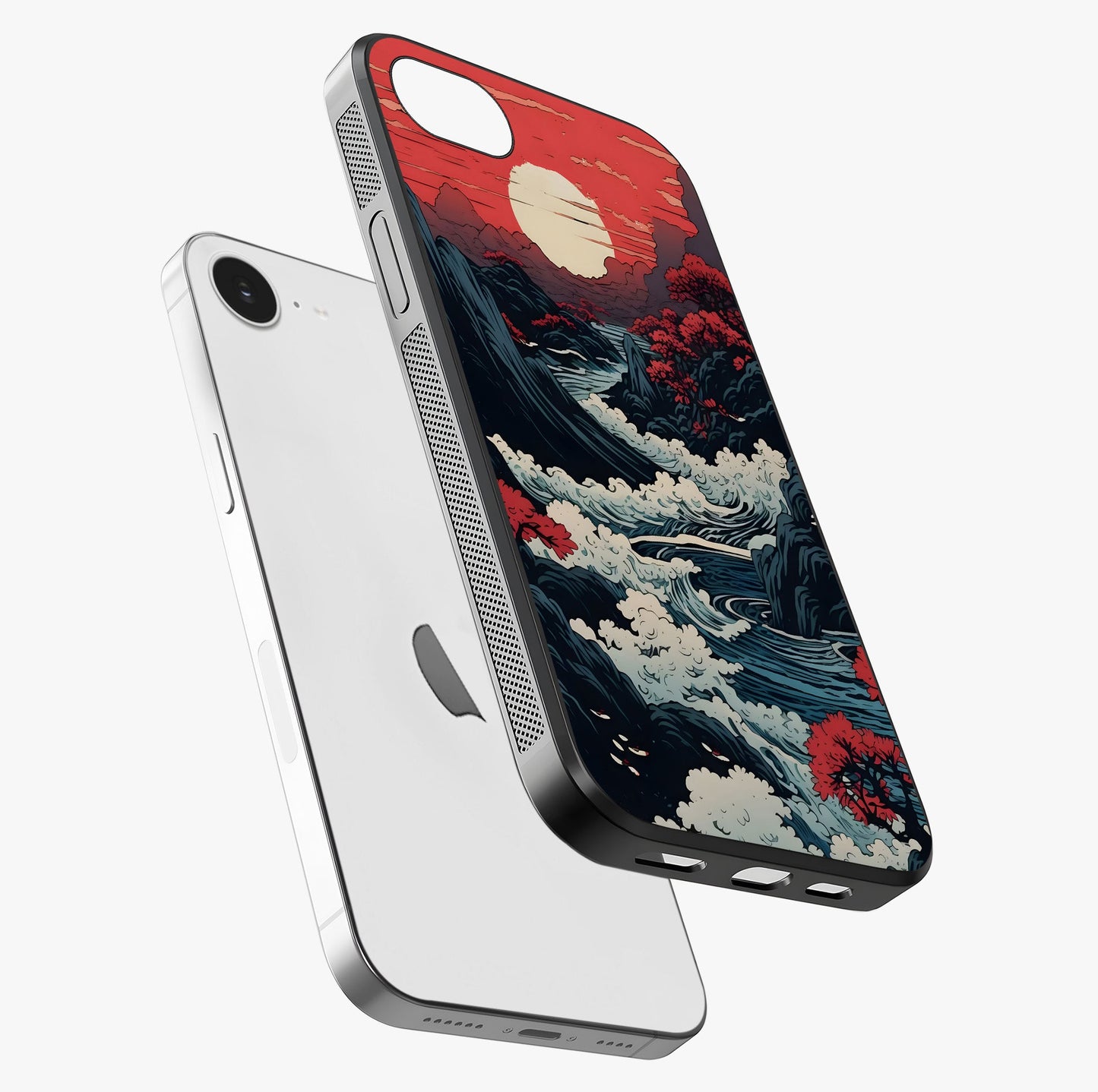 Red Sunset Scenery Glass Case laid diagonally highlighting side profile, edges and glossy glass shine.