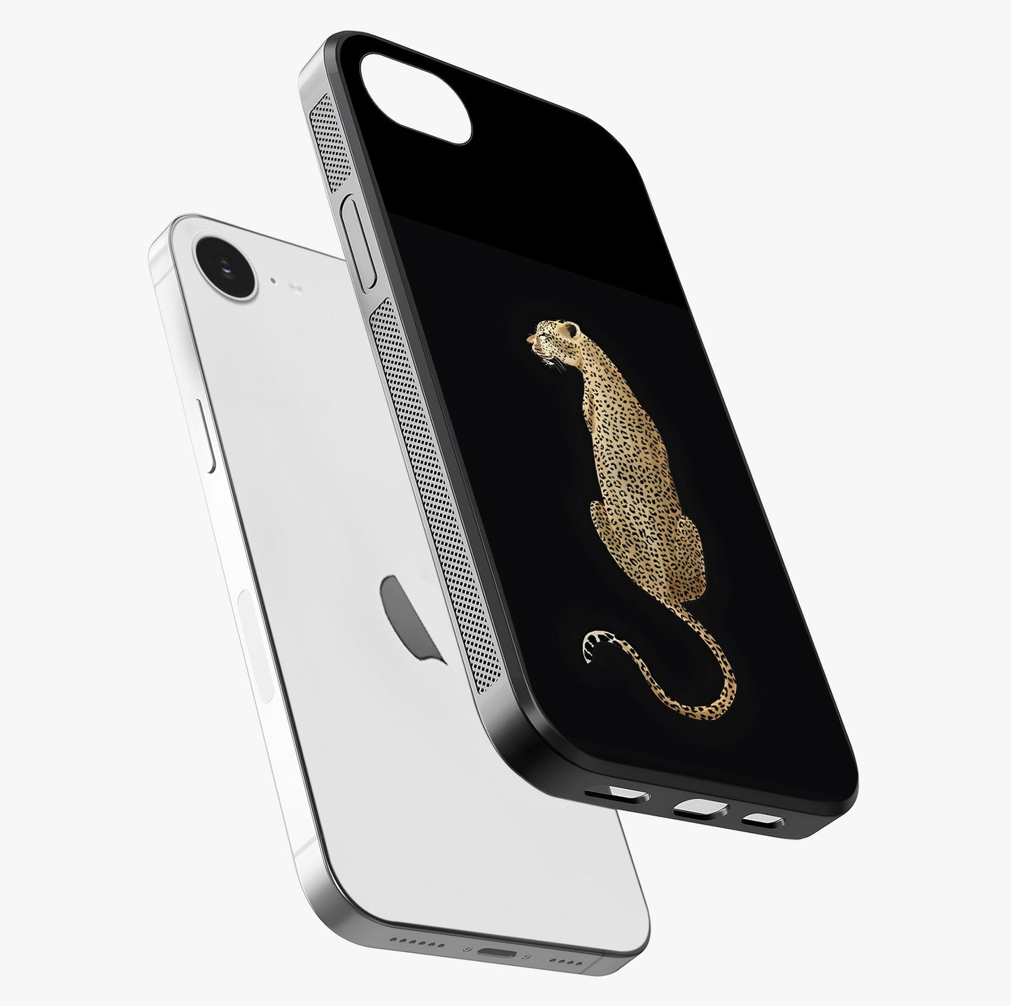 Regal Leopard Glass Case laid diagonally highlighting side profile, edges and glossy glass shine.