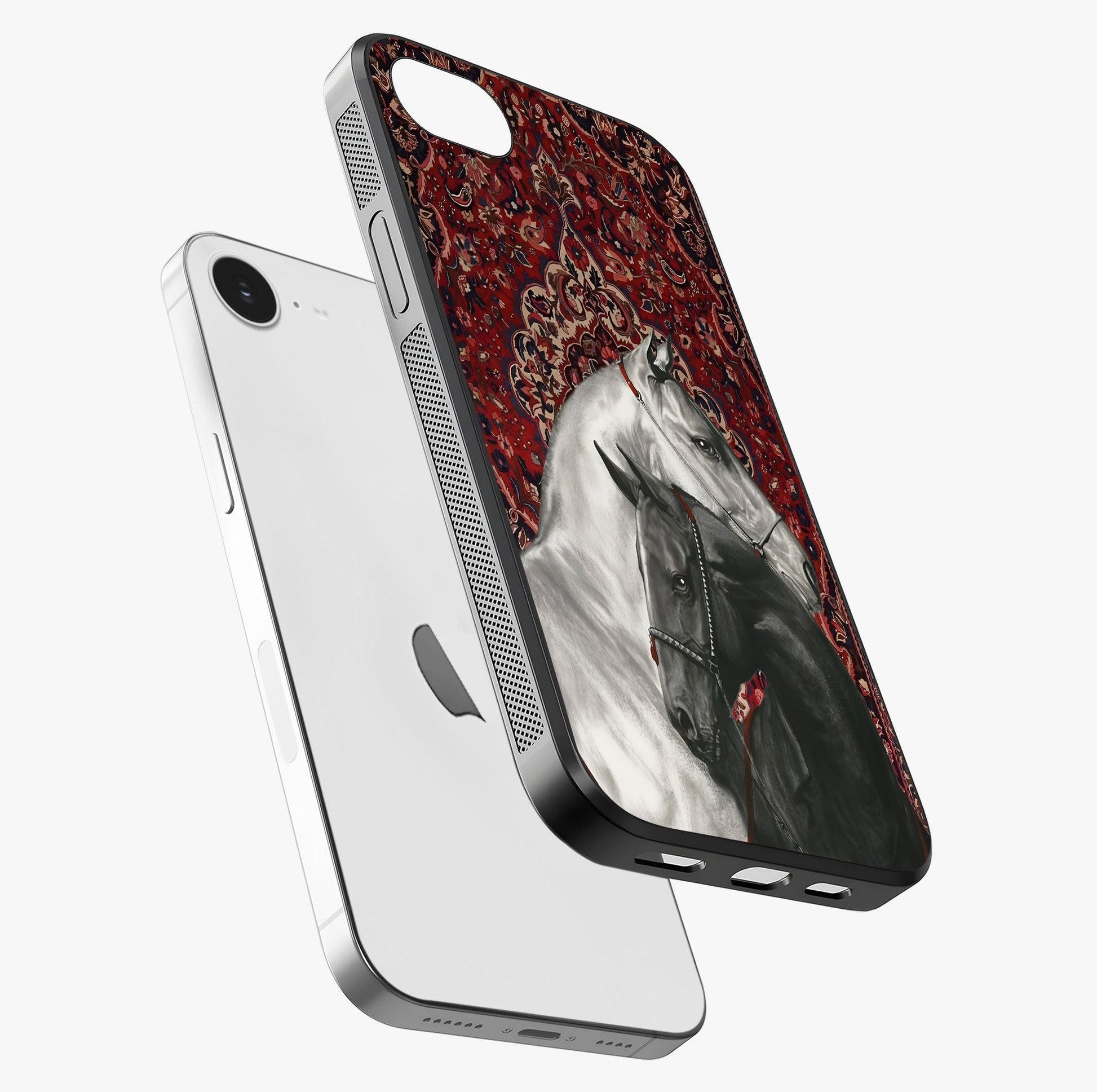 Regal Stallion Tapestry Glass Case laid diagonally highlighting side profile, edges and glossy glass shine.