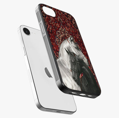 Regal Stallion Tapestry Glass Case laid diagonally highlighting side profile, edges and glossy glass shine.