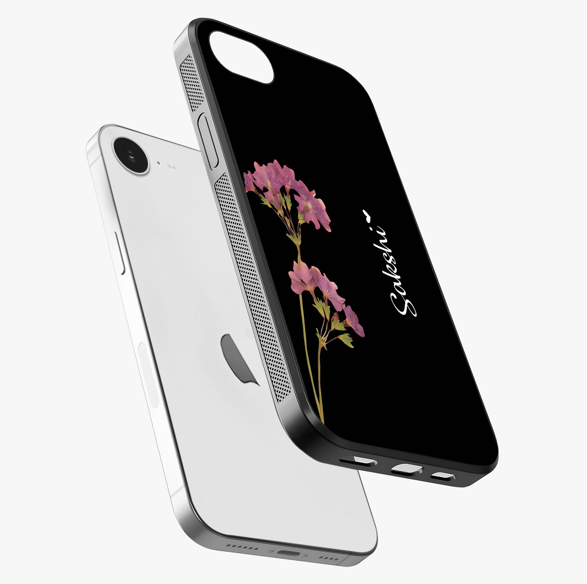 Riching Lavender Flower Custom Name Glass Case laid diagonally highlighting side profile, edges and glossy glass shine.