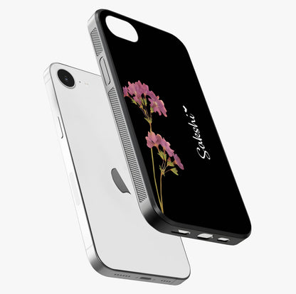 Riching Lavender Flower Custom Name Glass Case laid diagonally highlighting side profile, edges and glossy glass shine.