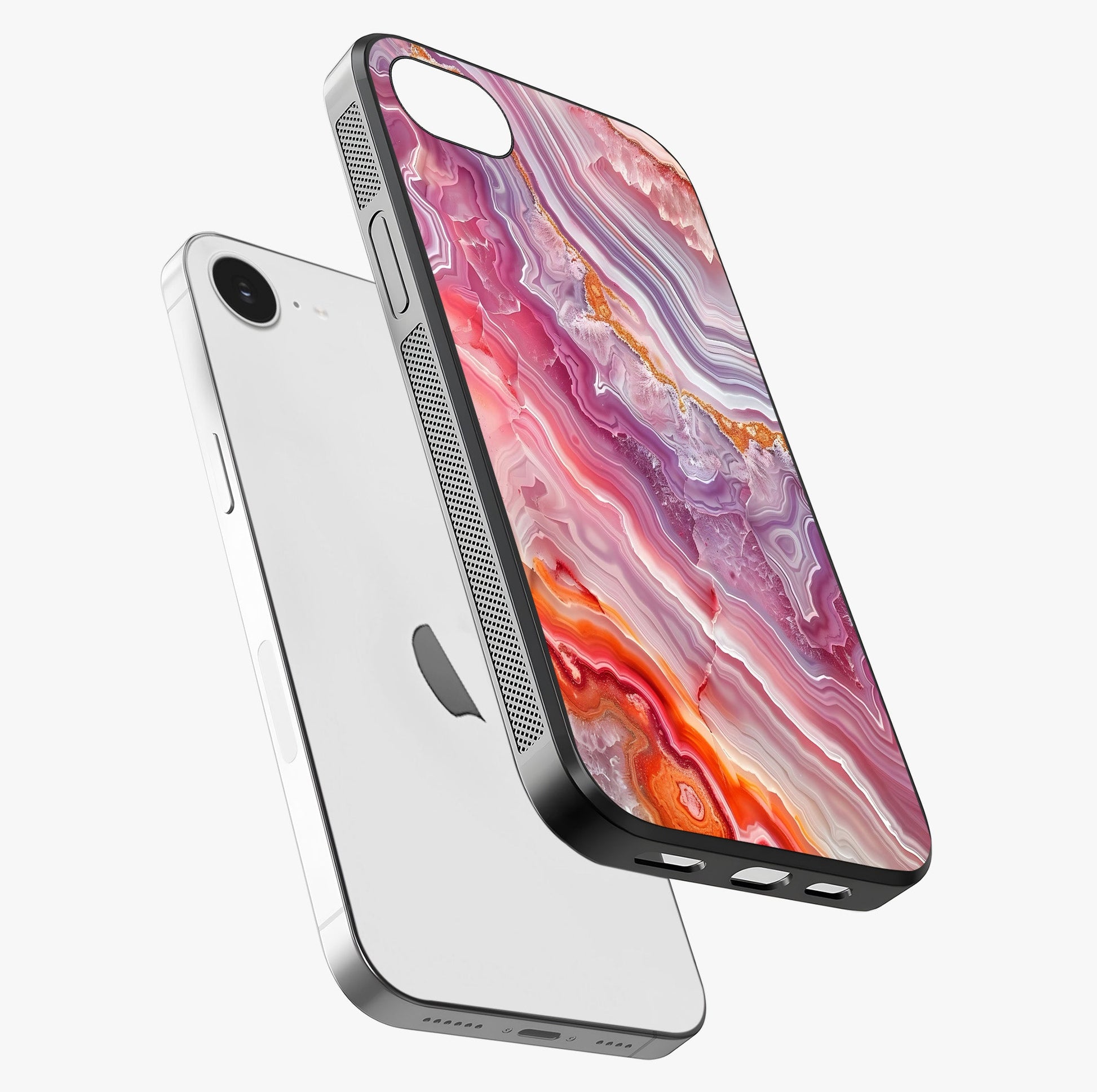 Rose Quartz Marble Glass Case laid diagonally highlighting side profile, edges and glossy glass shine.