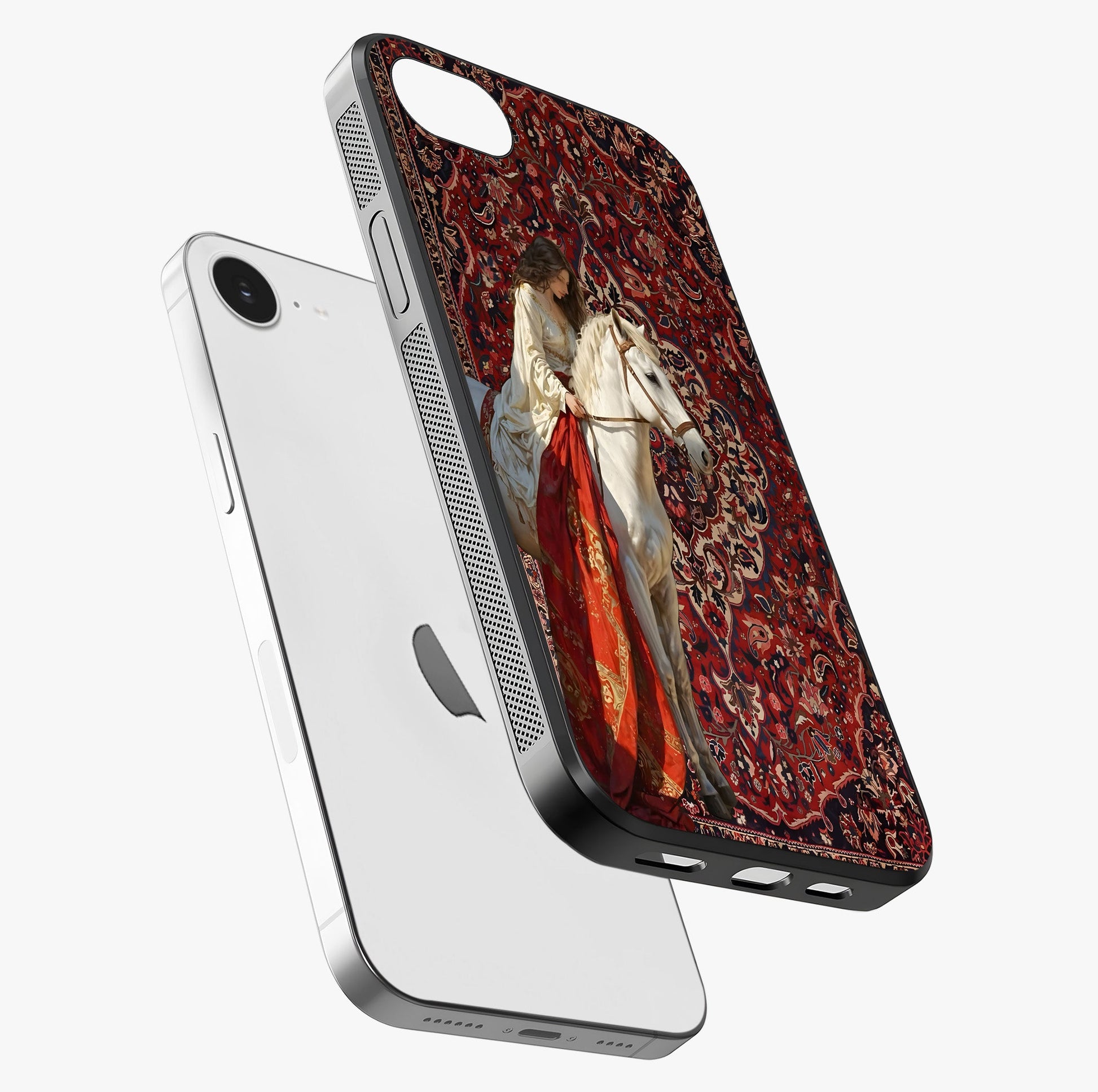 Royal Rider Tapestry Glass Case laid diagonally highlighting side profile, edges and glossy glass shine.