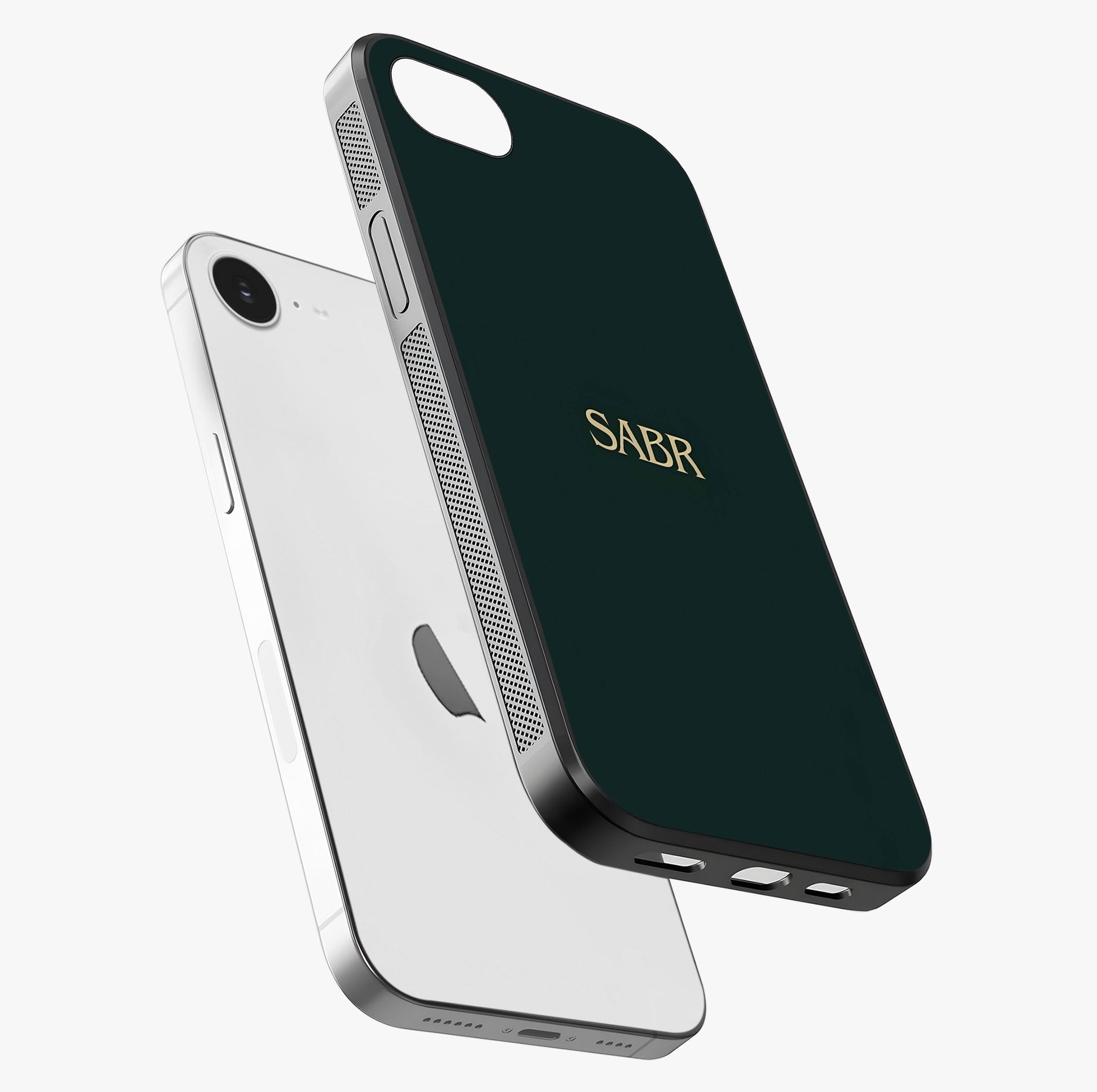 Sabr Minimal Patience Glass Case laid diagonally highlighting side profile, edges and glossy glass shine.