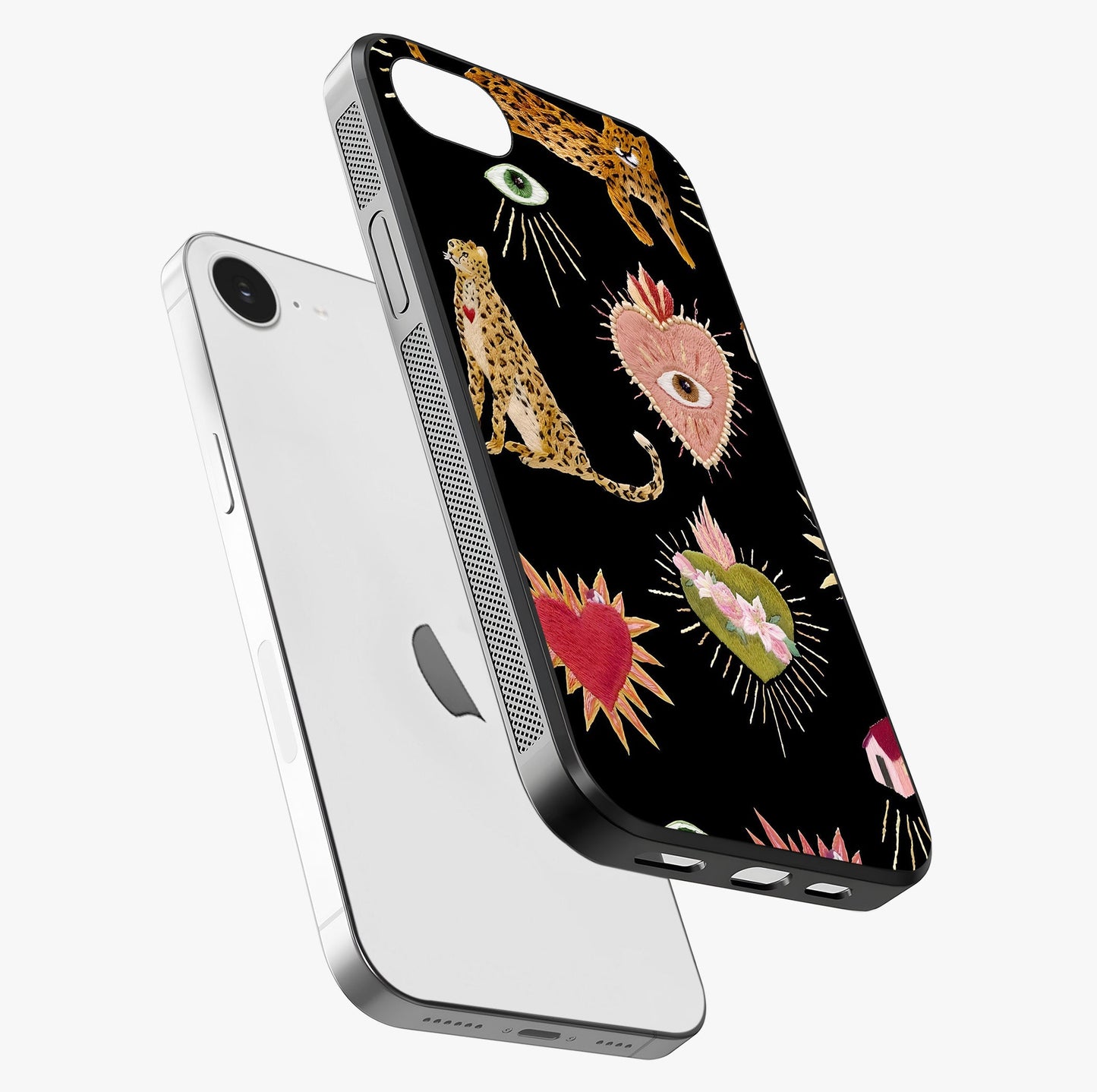 Sacred Jungle Heart Glass Case laid diagonally highlighting side profile, edges and glossy glass shine.