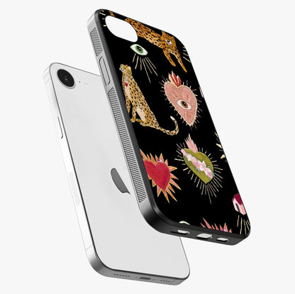 Sacred Jungle Heart Glass Case laid diagonally highlighting side profile, edges and glossy glass shine.
