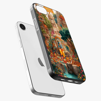 Sacred Sunlight Gods Glass Case laid diagonally highlighting side profile, edges and glossy glass shine.
