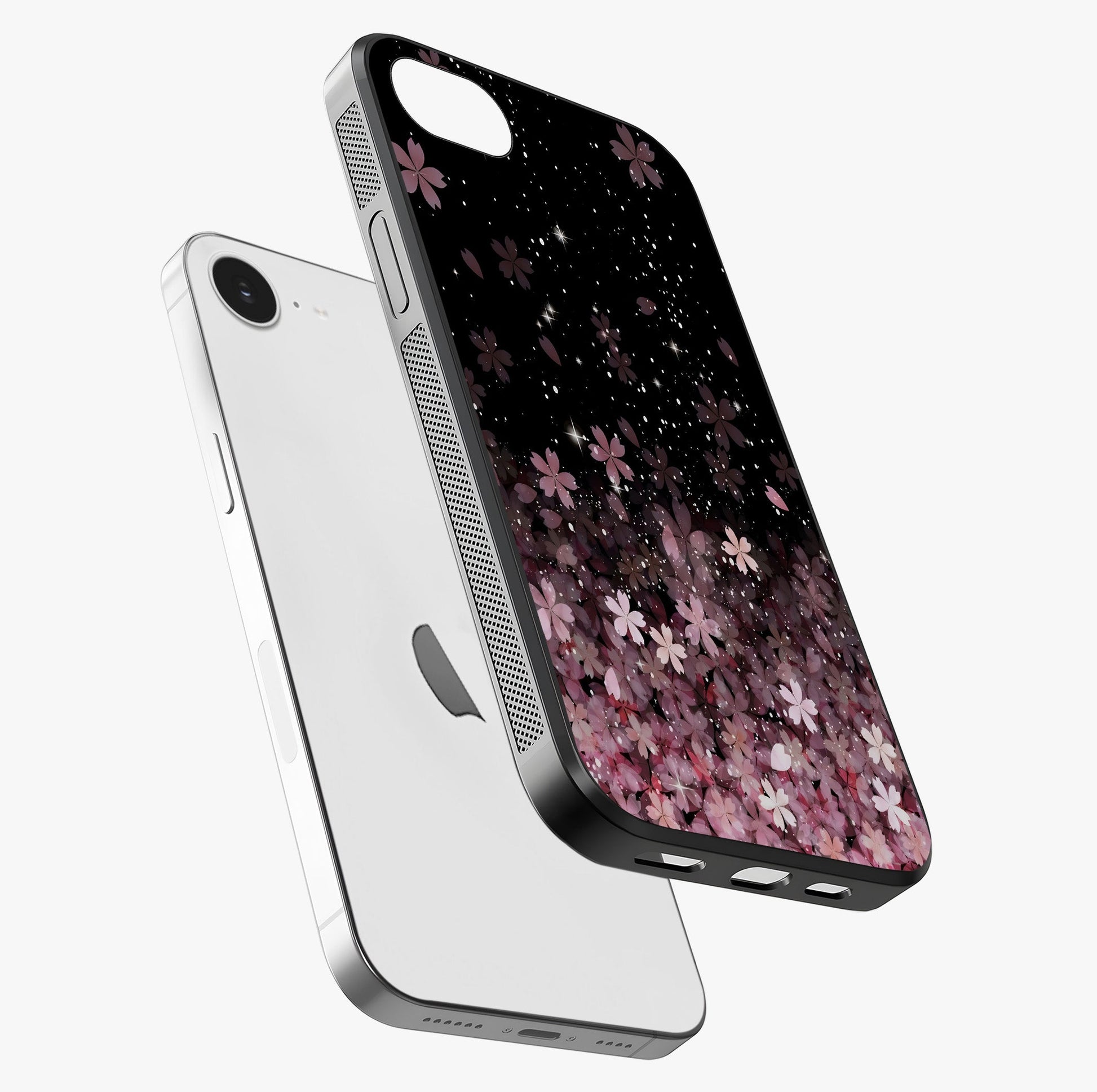Small Starry Flowers Glass Case laid diagonally highlighting side profile, edges and glossy glass shine.
