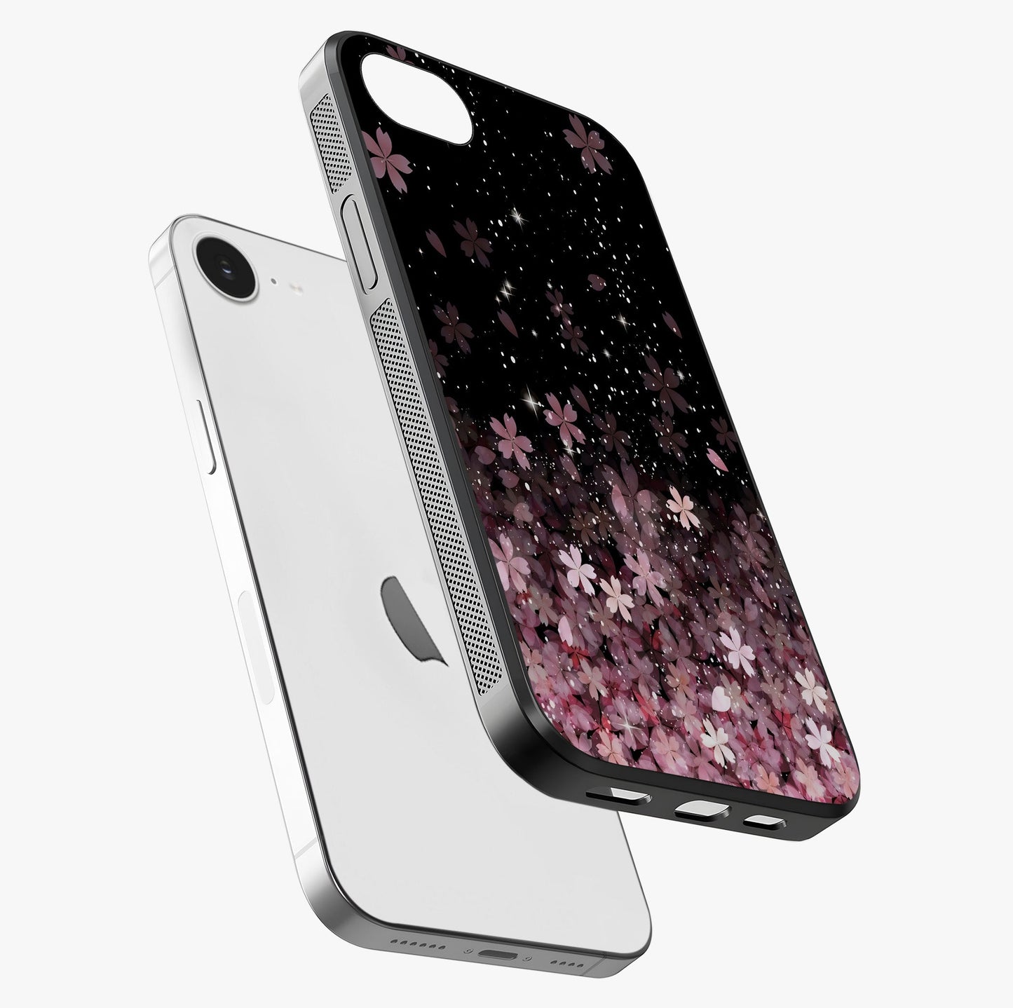 Small Starry Flowers Glass Case laid diagonally highlighting side profile, edges and glossy glass shine.