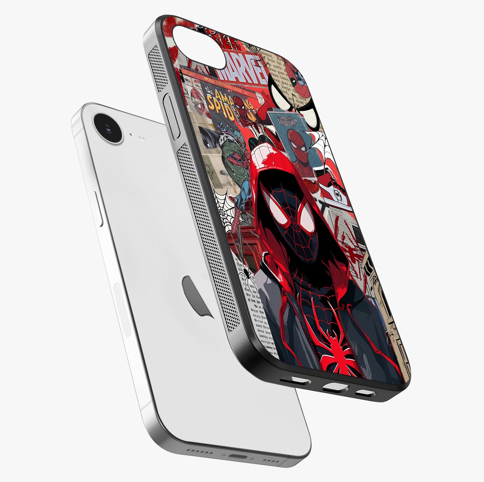 Spider Collage Street Glass Case laid diagonally highlighting side profile, edges and glossy glass shine.