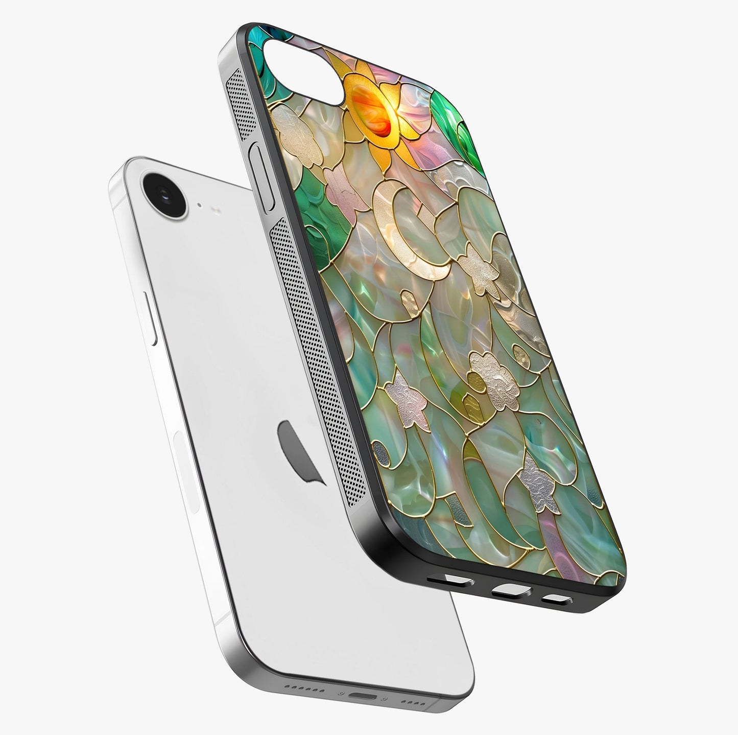 Stained Sunrise Glow Glass Case laid diagonally highlighting side profile, edges and glossy glass shine.