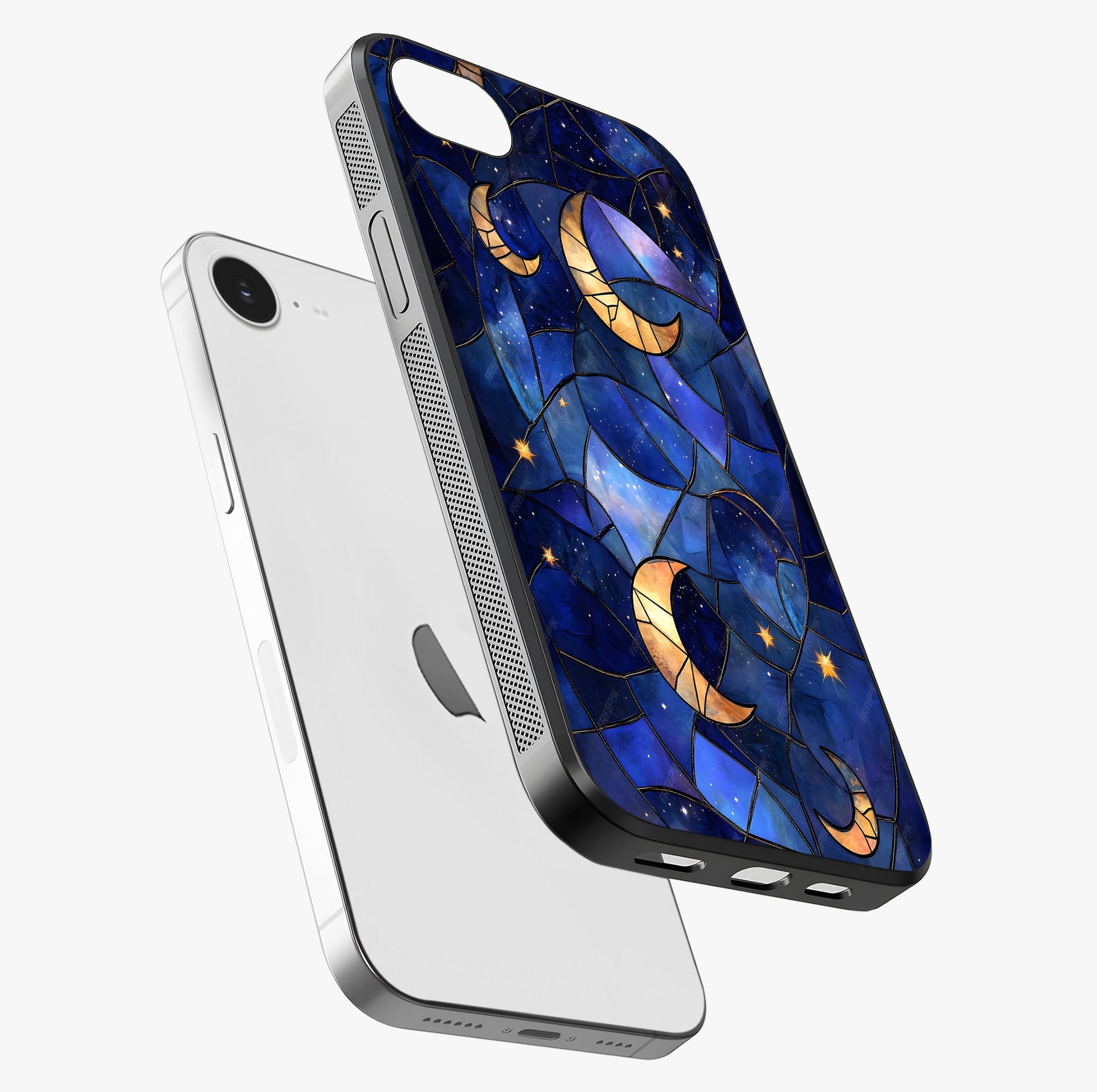 Starlit Sky Tapestry Glass Case laid diagonally highlighting side profile, edges and glossy glass shine.