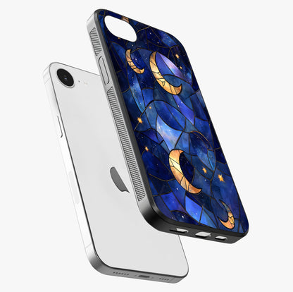 Starlit Sky Tapestry Glass Case laid diagonally highlighting side profile, edges and glossy glass shine.