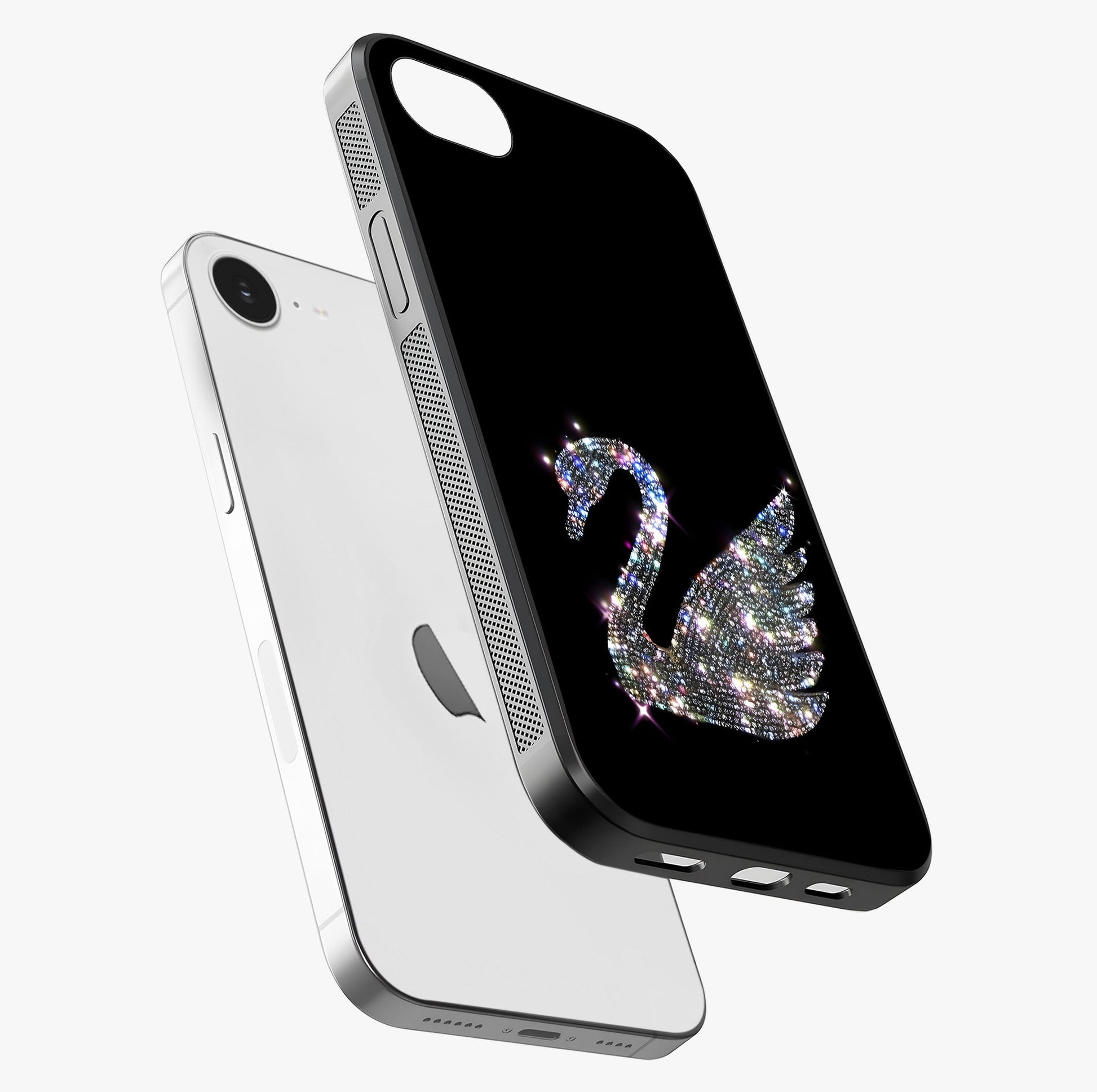Starlit Swan Grace Glass Case laid diagonally highlighting side profile, edges and glossy glass shine.