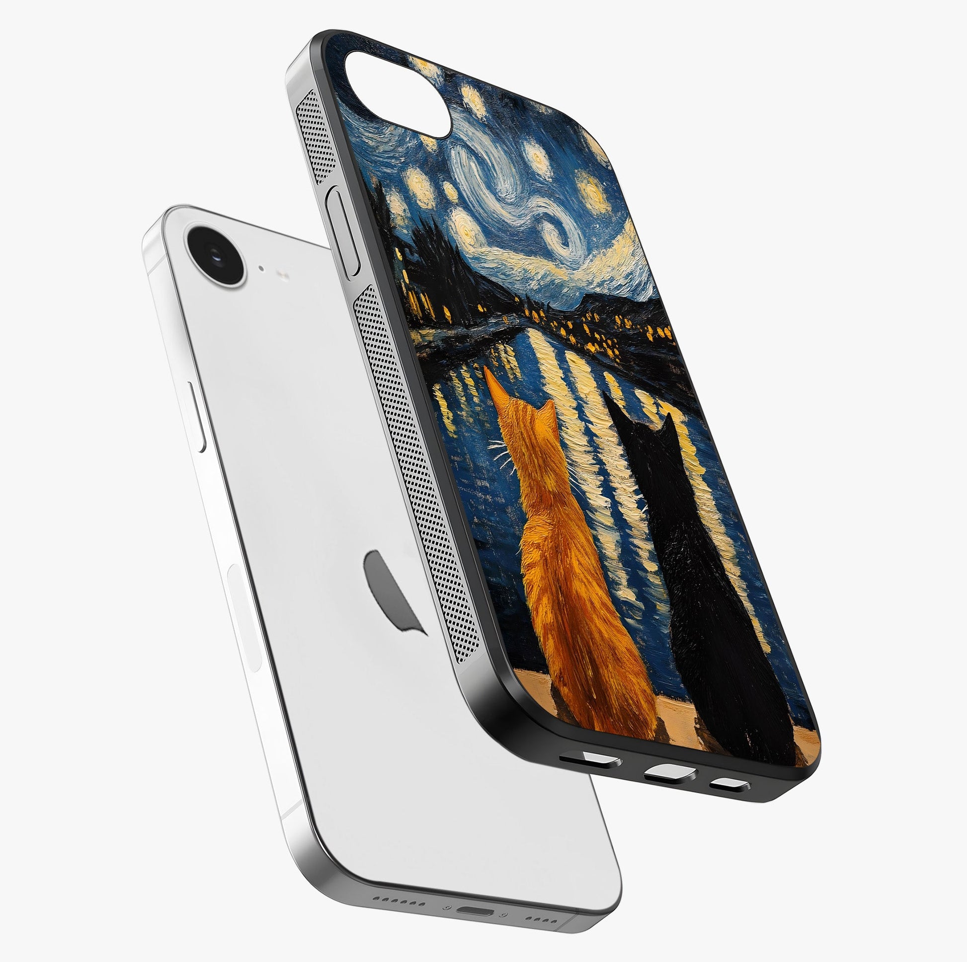Starry River Cats Glass Case laid diagonally highlighting side profile, edges and glossy glass shine.