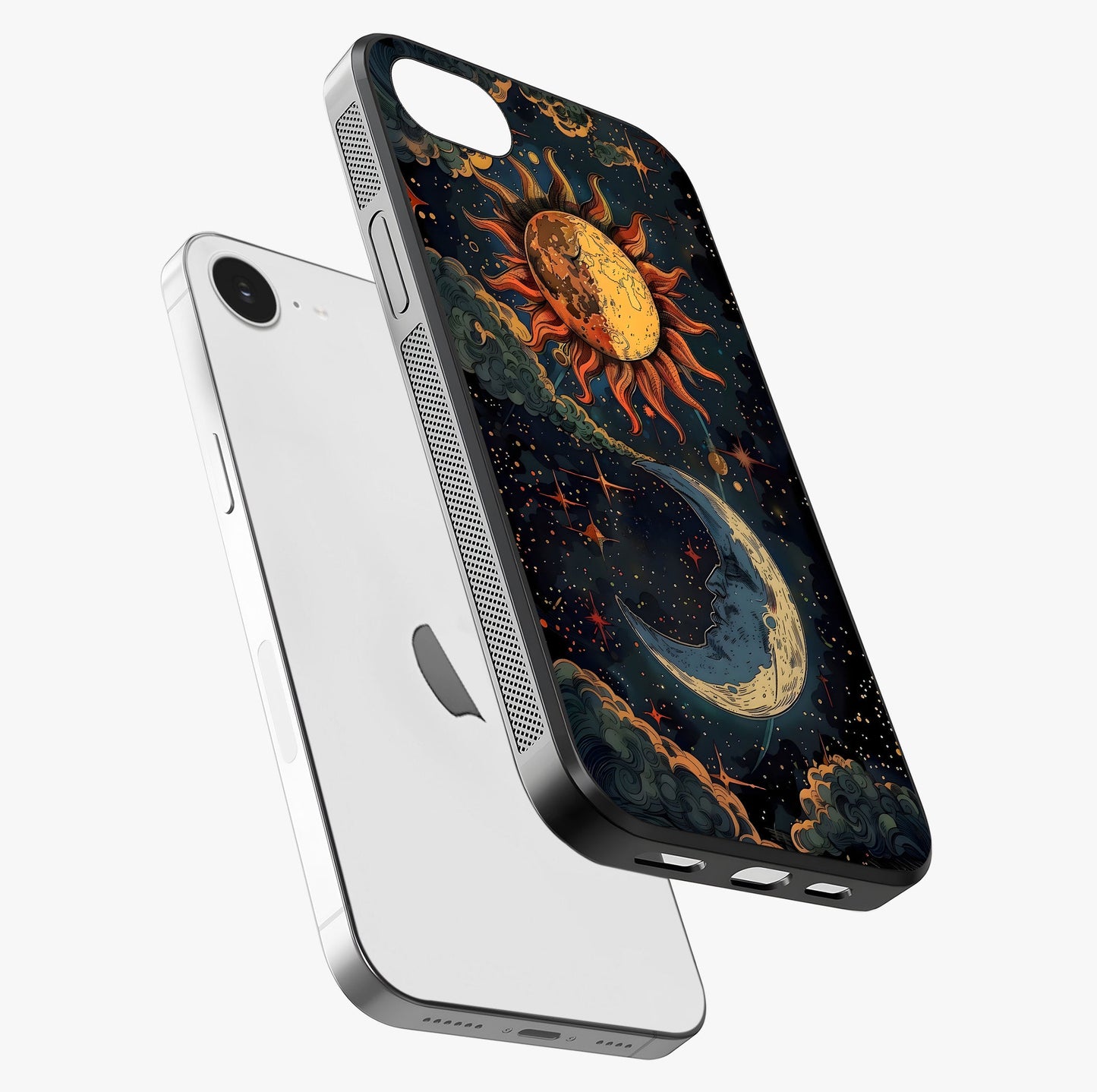 Sun And Moon Magic Design Glass Case laid diagonally highlighting side profile, edges and glossy glass shine.