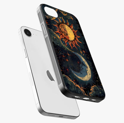 Sun And Moon Magic Design Glass Case laid diagonally highlighting side profile, edges and glossy glass shine.
