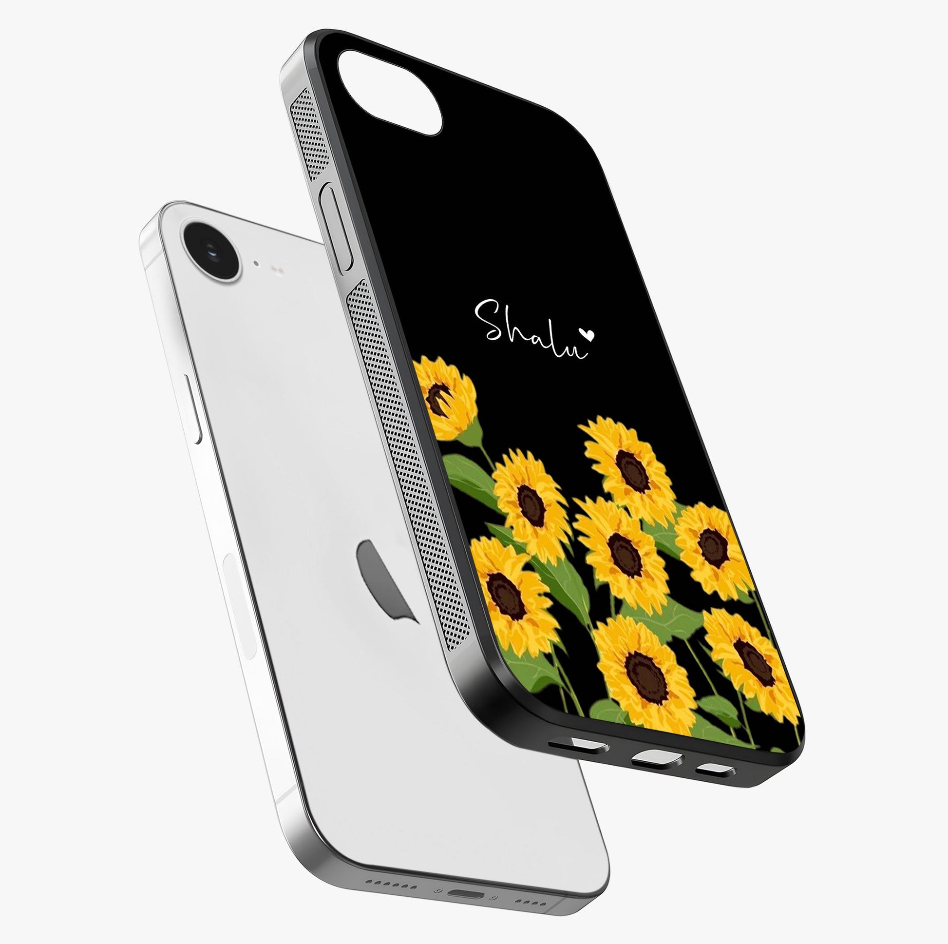 Sunflower Chic Mood Custom Name Glass Case laid diagonally highlighting side profile, edges and glossy glass shine.