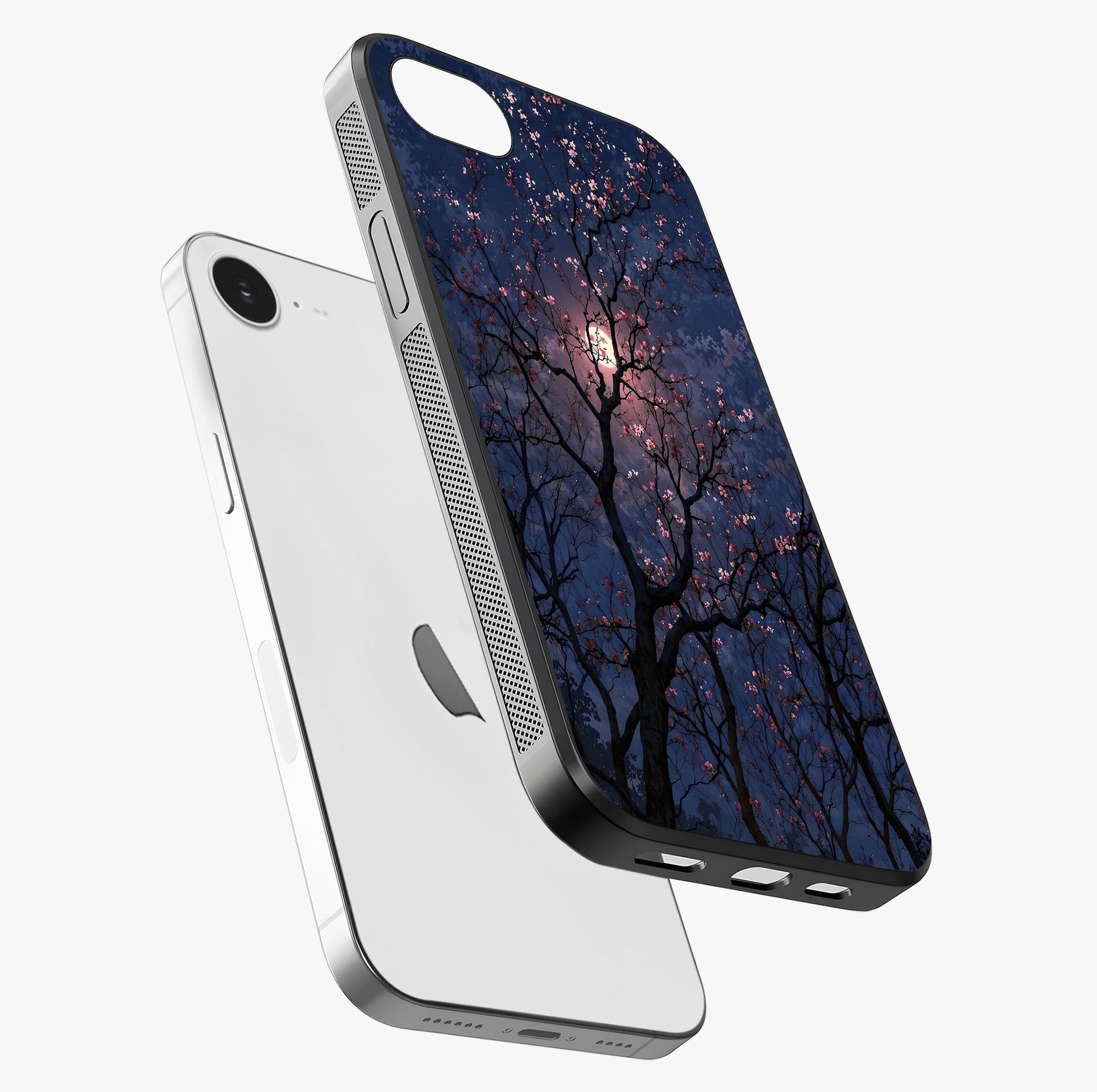 Twilight Sakura Serenade Glass Case laid diagonally highlighting side profile, edges and glossy glass shine.