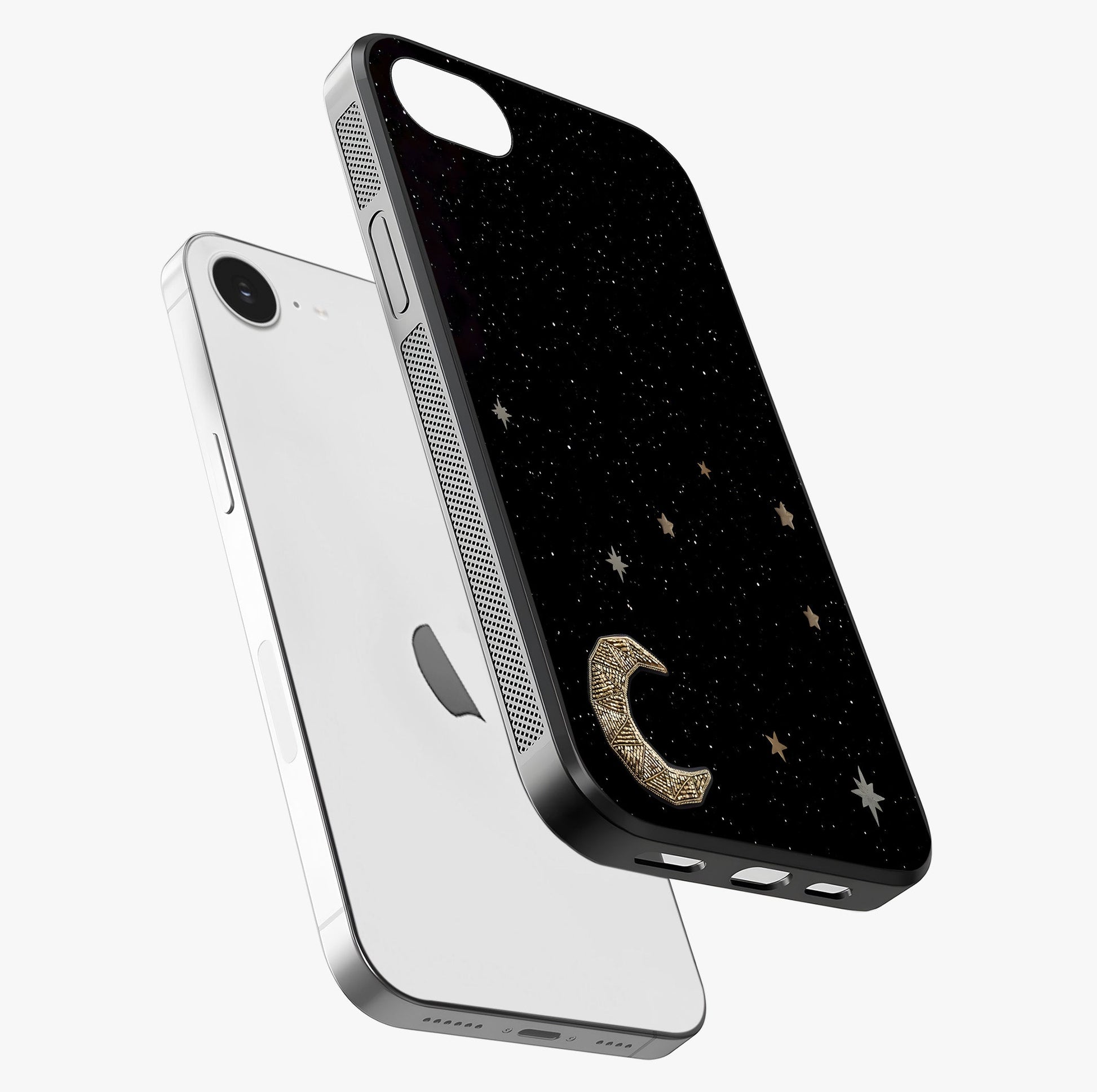 Twinkle Star With Half Moon Glass Case laid diagonally highlighting side profile, edges and glossy glass shine.