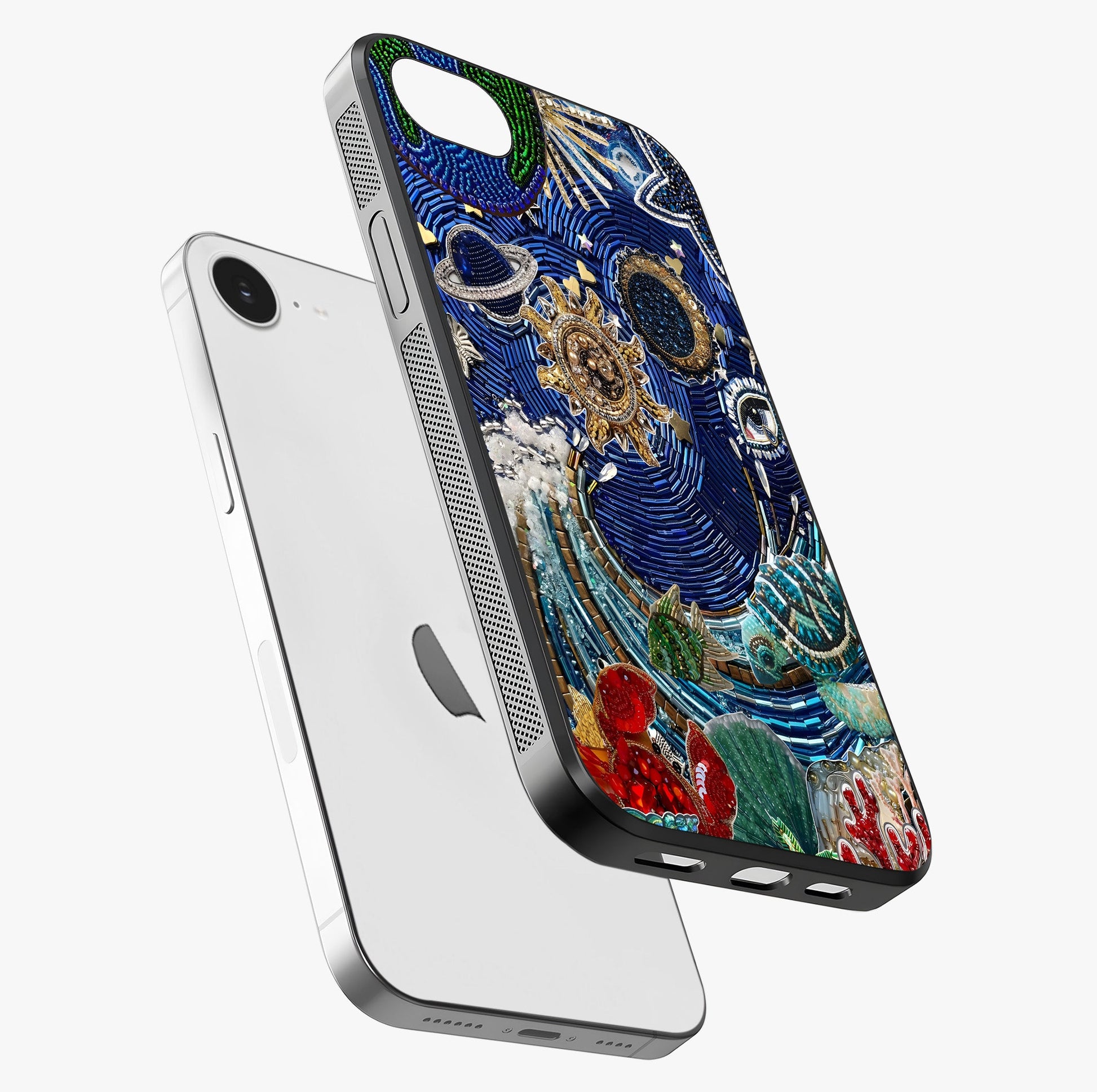 Universe Underwater Spark Glass Case laid diagonally highlighting side profile, edges and glossy glass shine.
