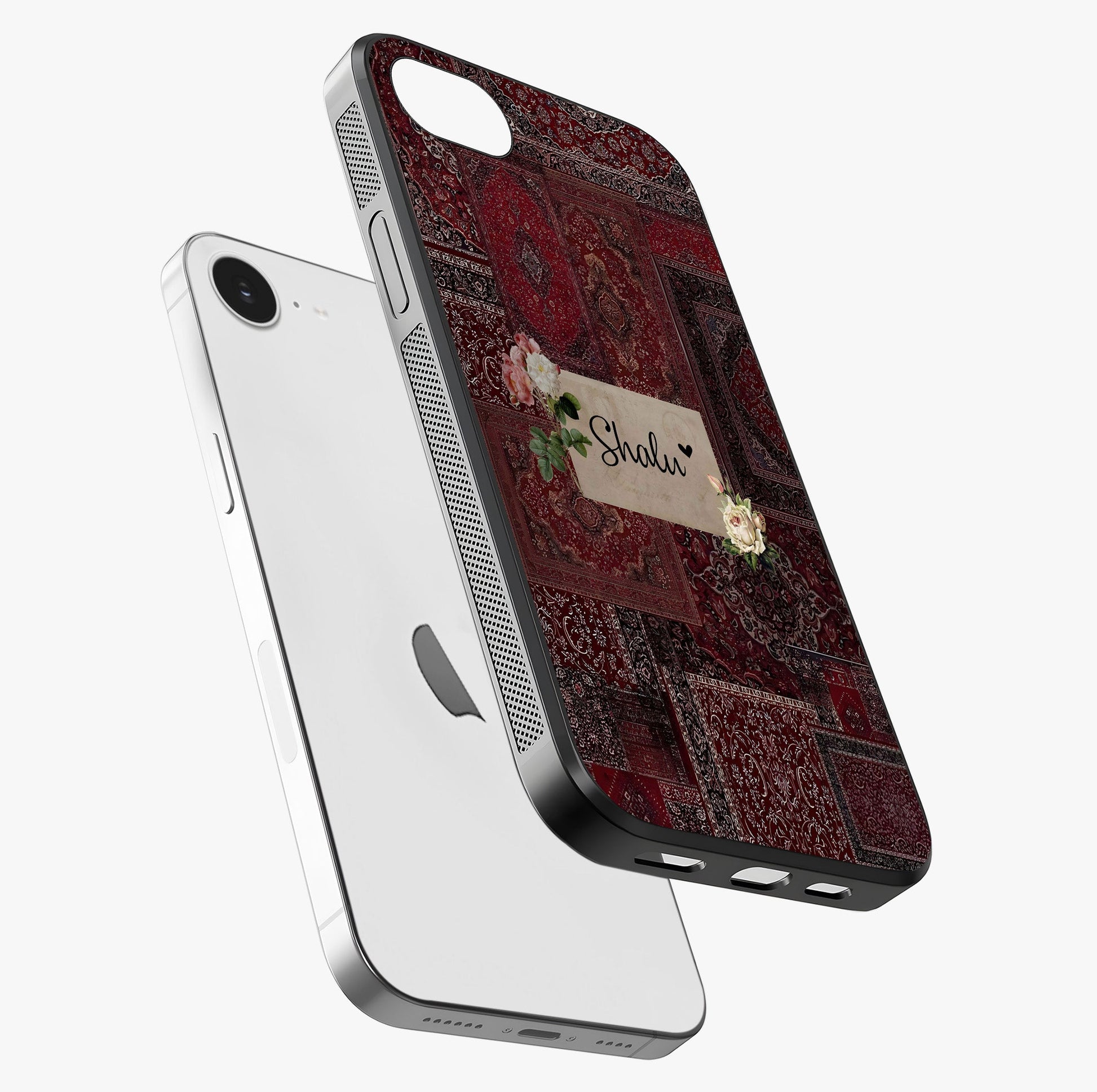 Velvet Wine Pattern Custom Name Glass Case laid diagonally highlighting side profile, edges and glossy glass shine.