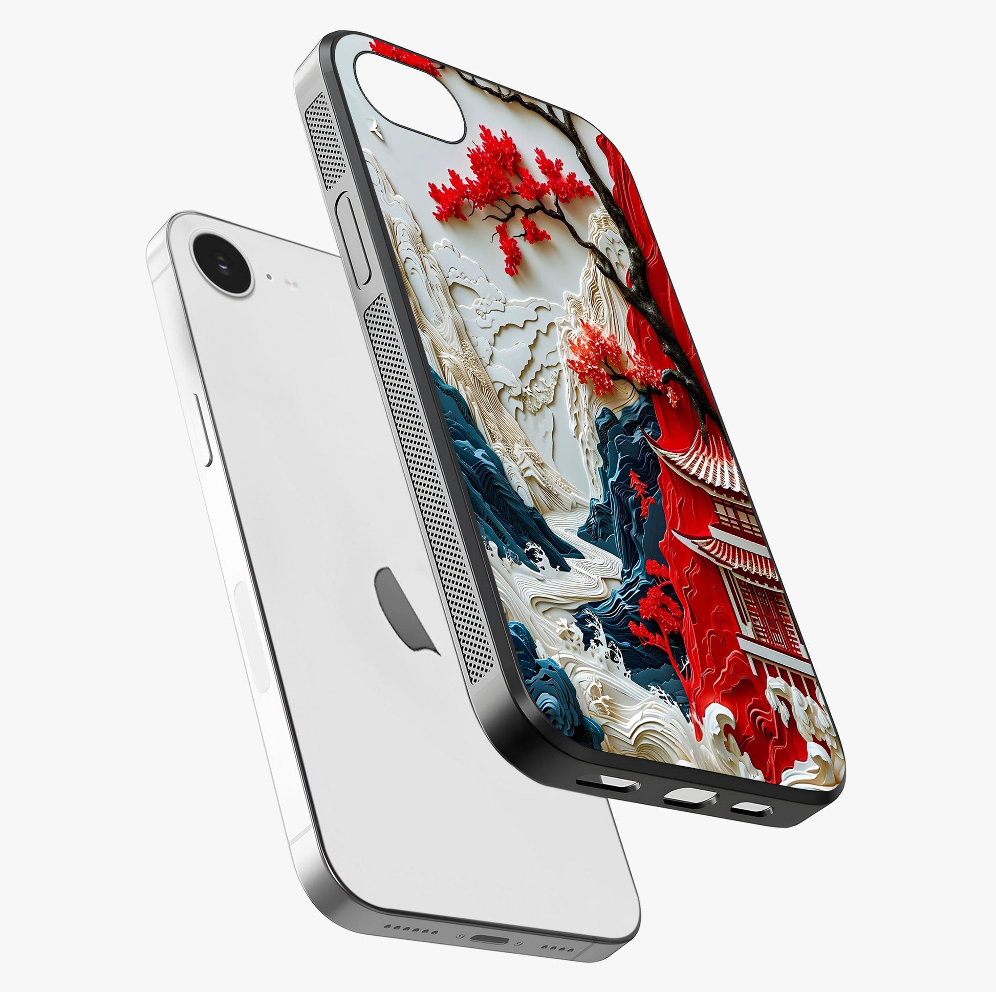 Whispers Of Sakura Waves Glass Case laid diagonally highlighting side profile, edges and glossy glass shine.