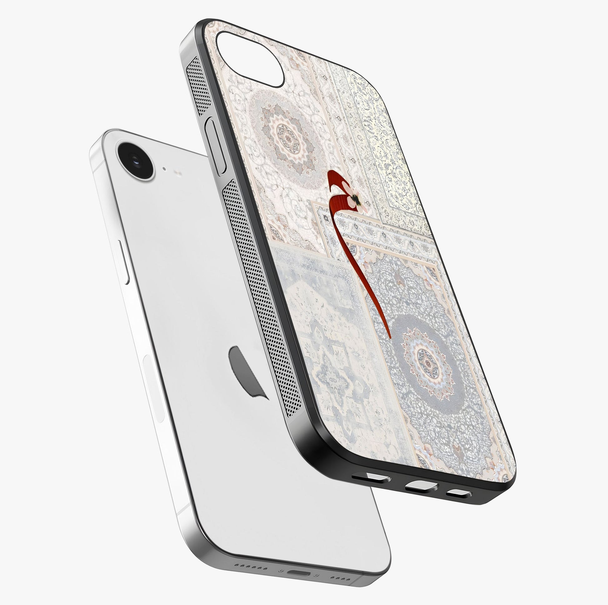 White Aesthetic Bow Glass Case laid diagonally highlighting side profile, edges and glossy glass shine.