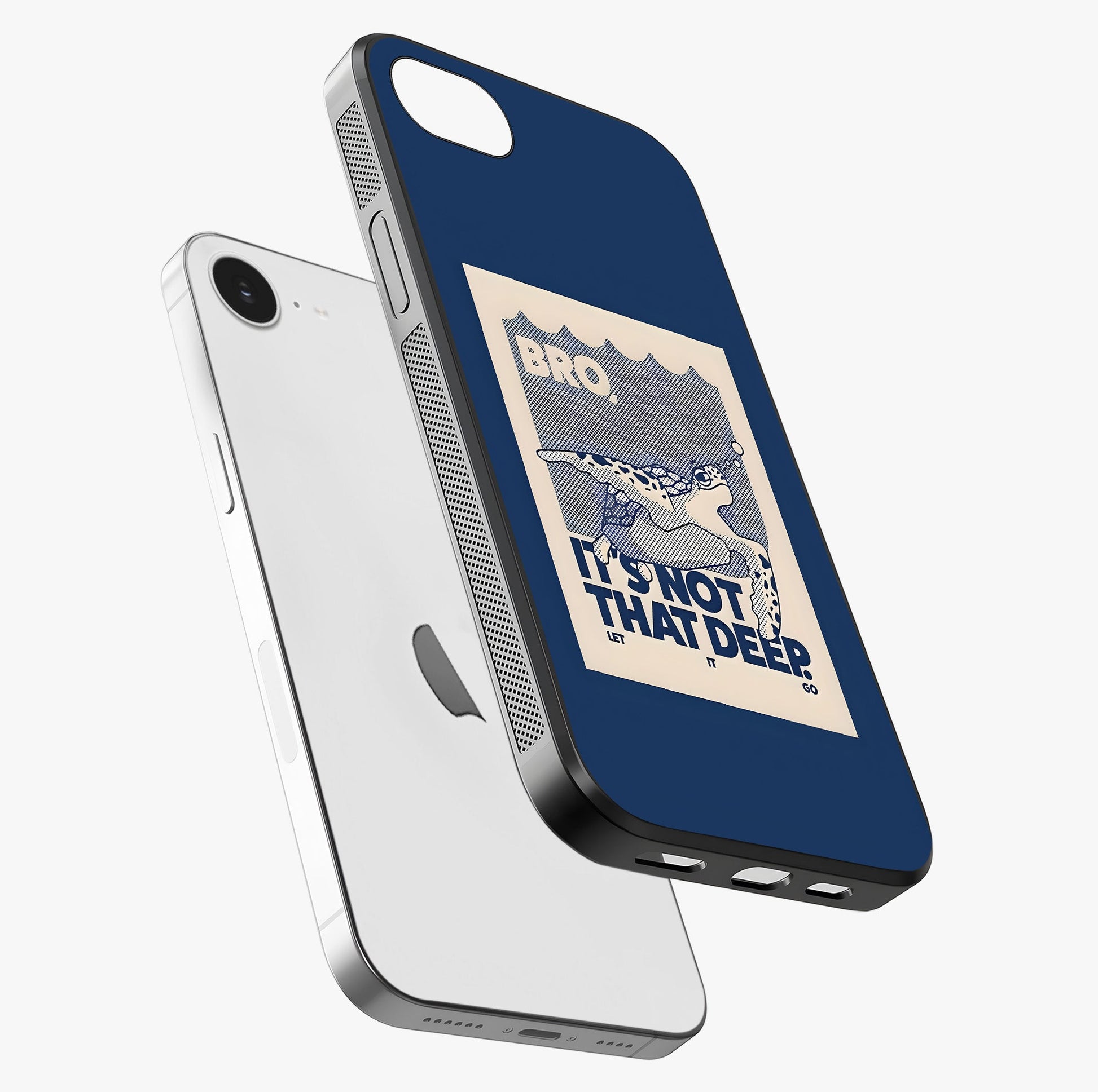 Worry Less Swim Glass Case laid diagonally highlighting side profile, edges and glossy glass shine.