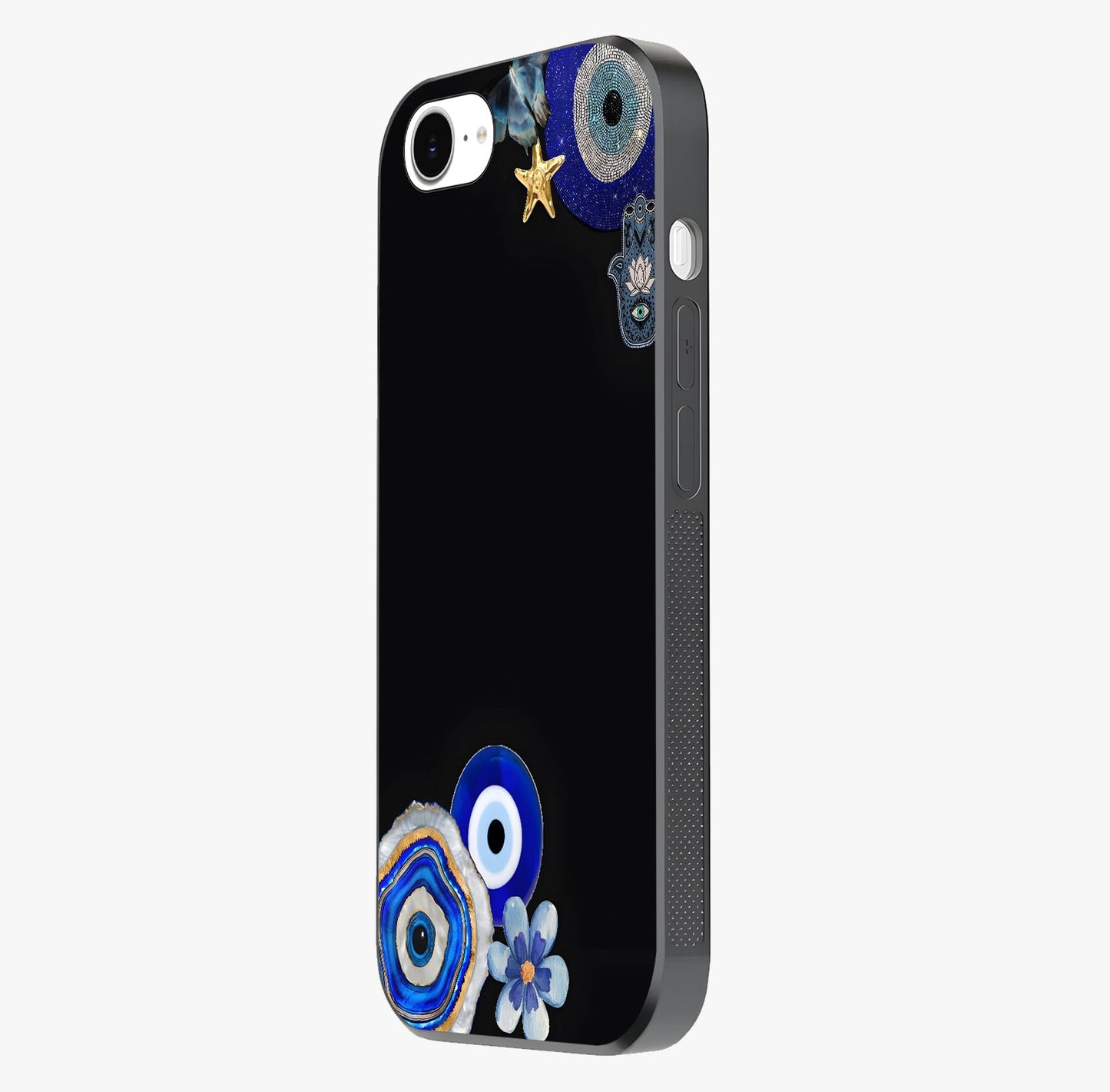 Aesthetic Blue Evil Eye Glass Case photographed in natural light showing reflective finish and design depth.