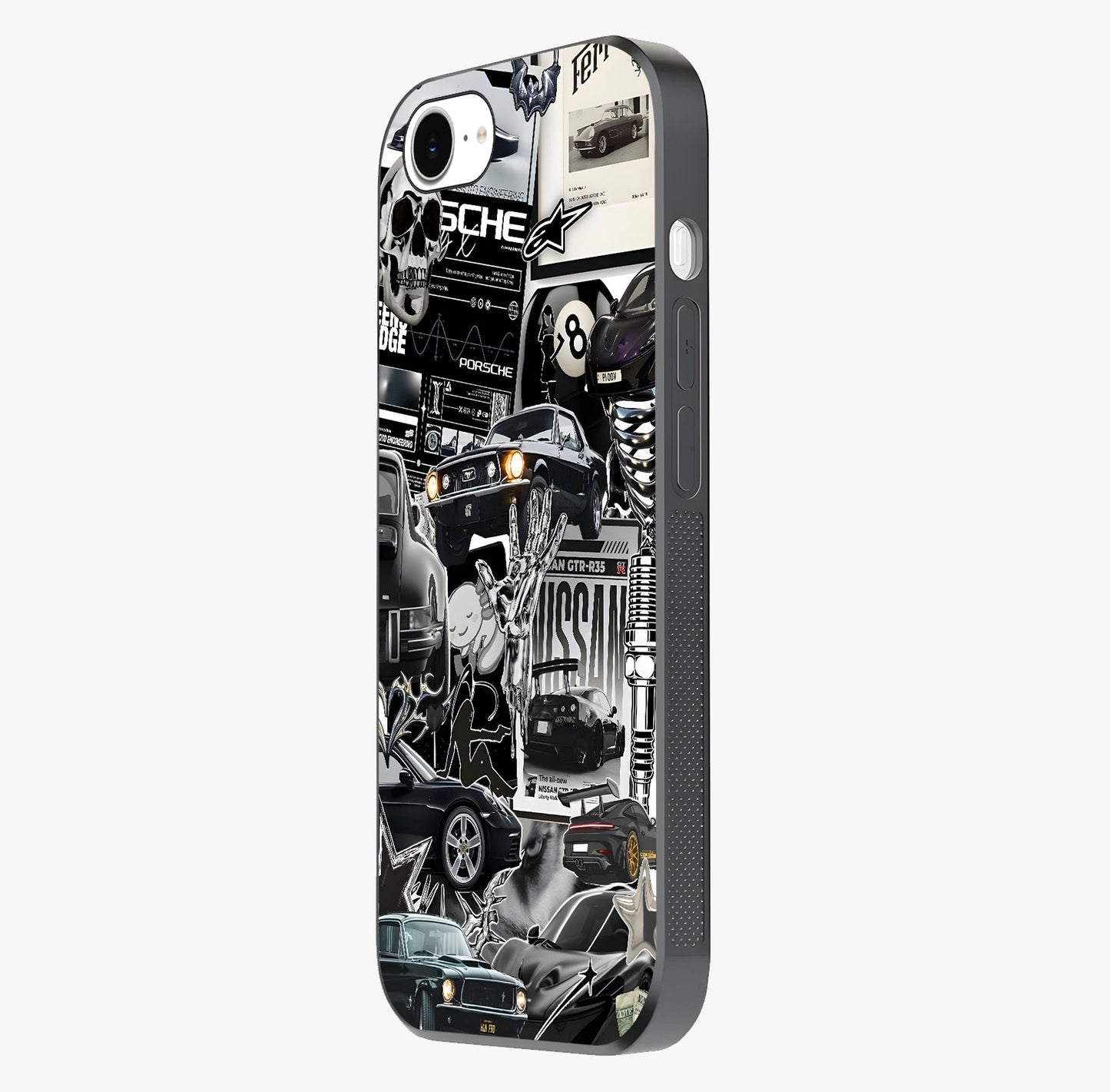 Aesthetic Dark Love Glass Case photographed in natural light showing reflective finish and design depth.