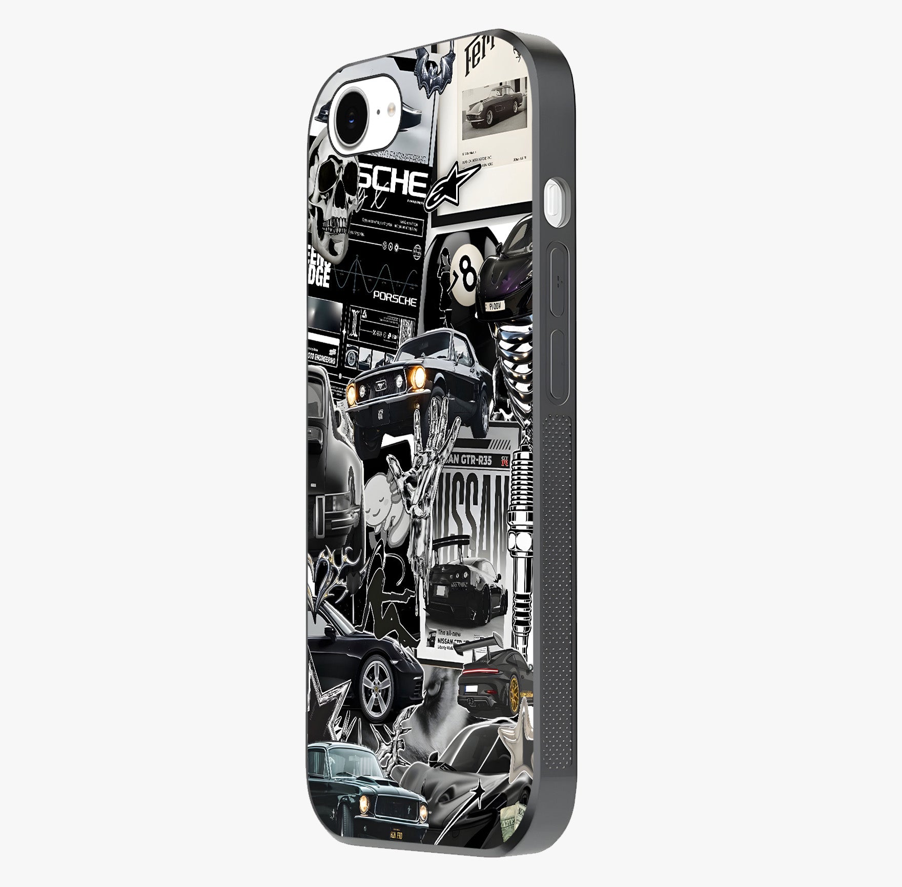 Aesthetic Dark Love Glass Case photographed in natural light showing reflective finish and design depth.