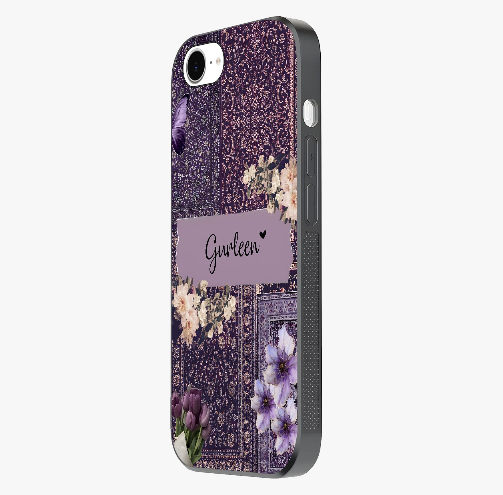 Antique Floral Whisper Custom Name Glass Case photographed in natural light showing reflective finish and design depth.
