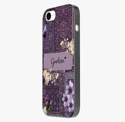 Antique Floral Whisper Custom Name Glass Case photographed in natural light showing reflective finish and design depth.