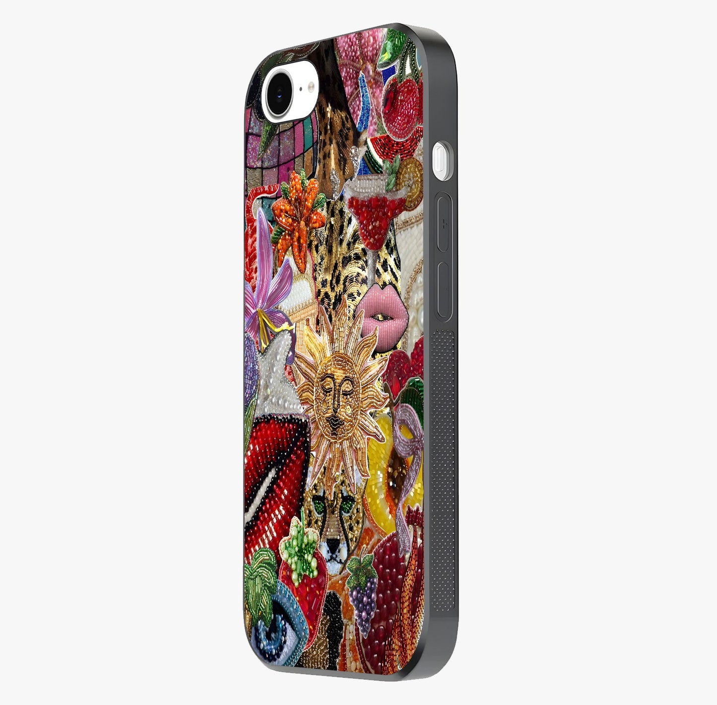Beaded Fashion Jungle Glass Case photographed in natural light showing reflective finish and design depth.