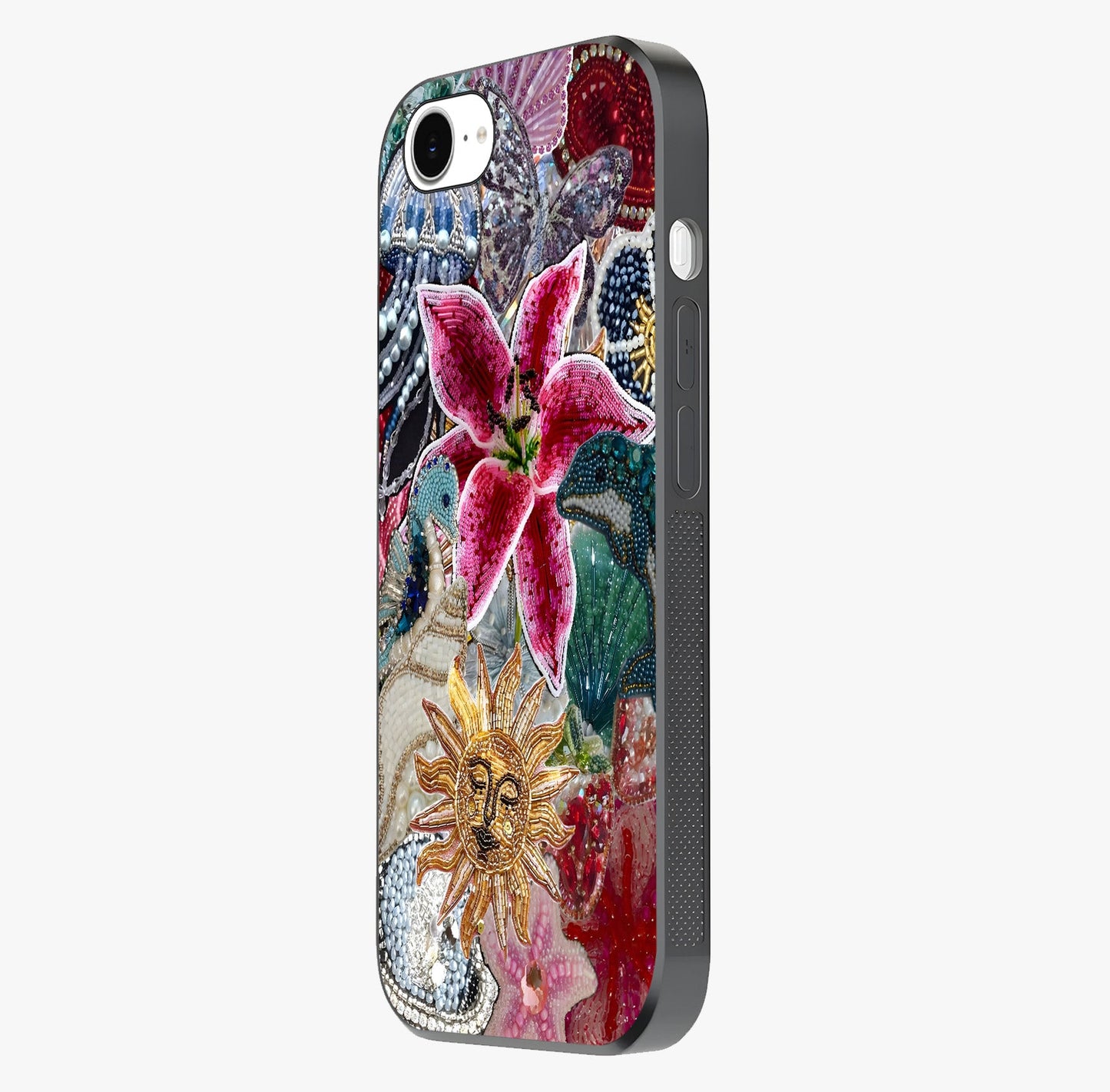 Beaded Garden Fantasy Glass Case photographed in natural light showing reflective finish and design depth.