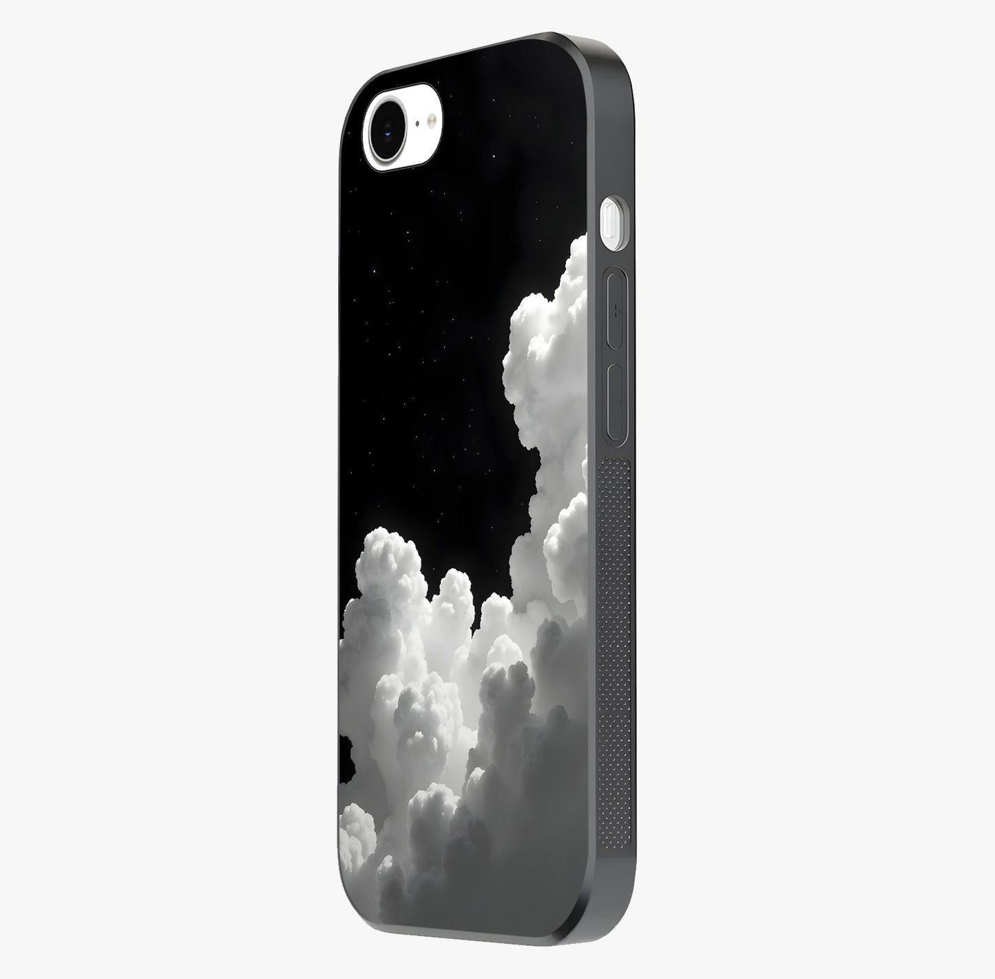 Black Background With White Cloud Glass Case photographed in natural light showing reflective finish and design depth.