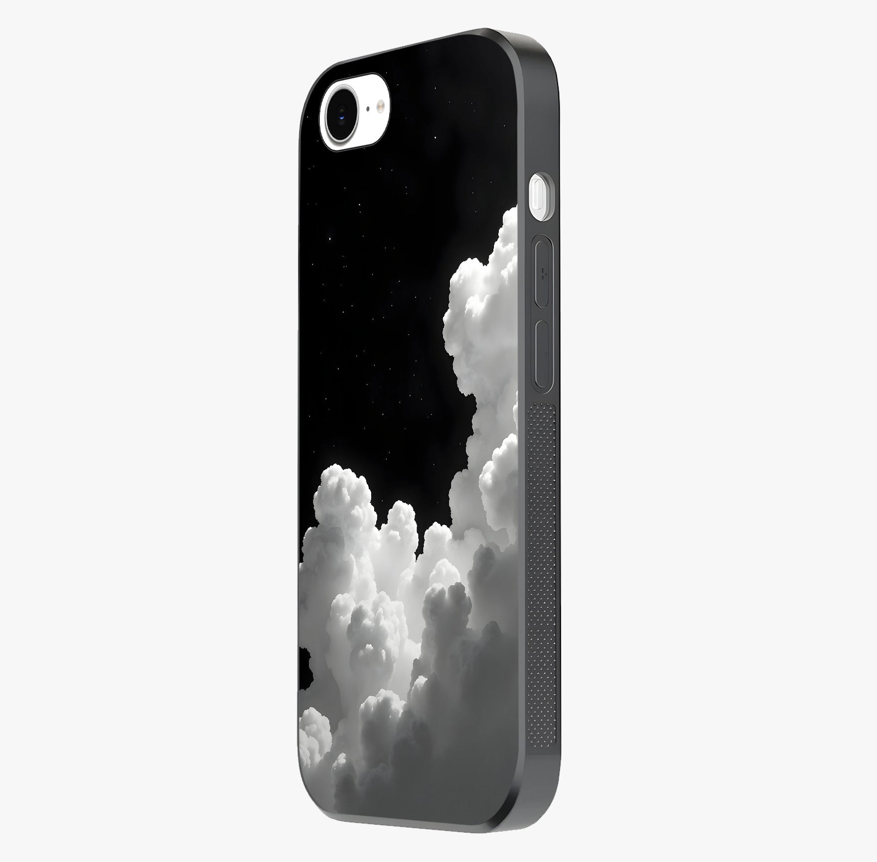 Black Background With White Cloud Glass Case photographed in natural light showing reflective finish and design depth.
