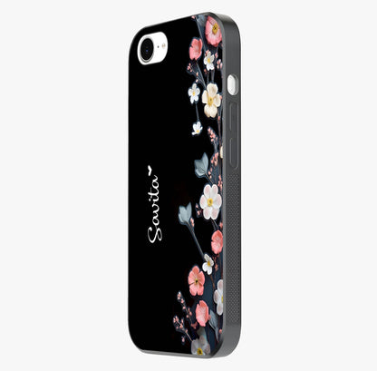 Black Elegance Floral Custom Name Glass Case photographed in natural light showing reflective finish and design depth.