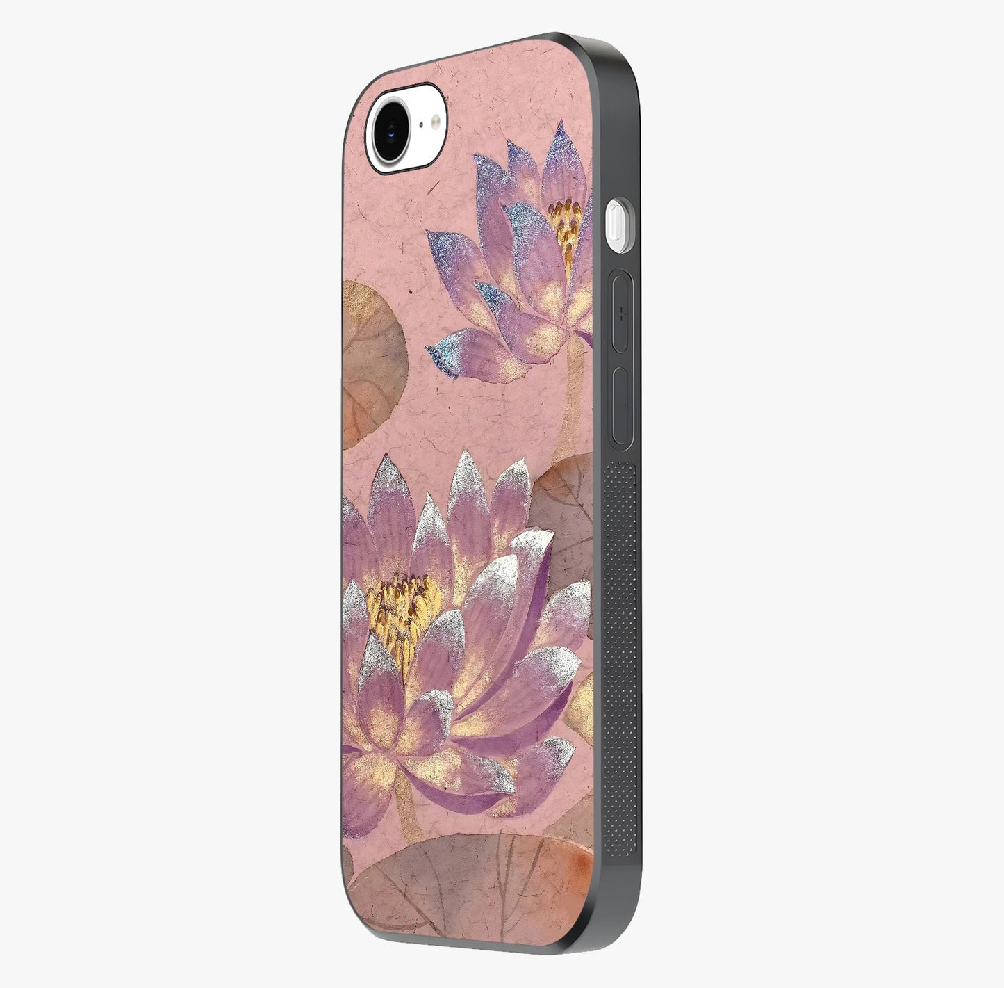 Blossom Mist Lotus Glass Case photographed in natural light showing reflective finish and design depth.