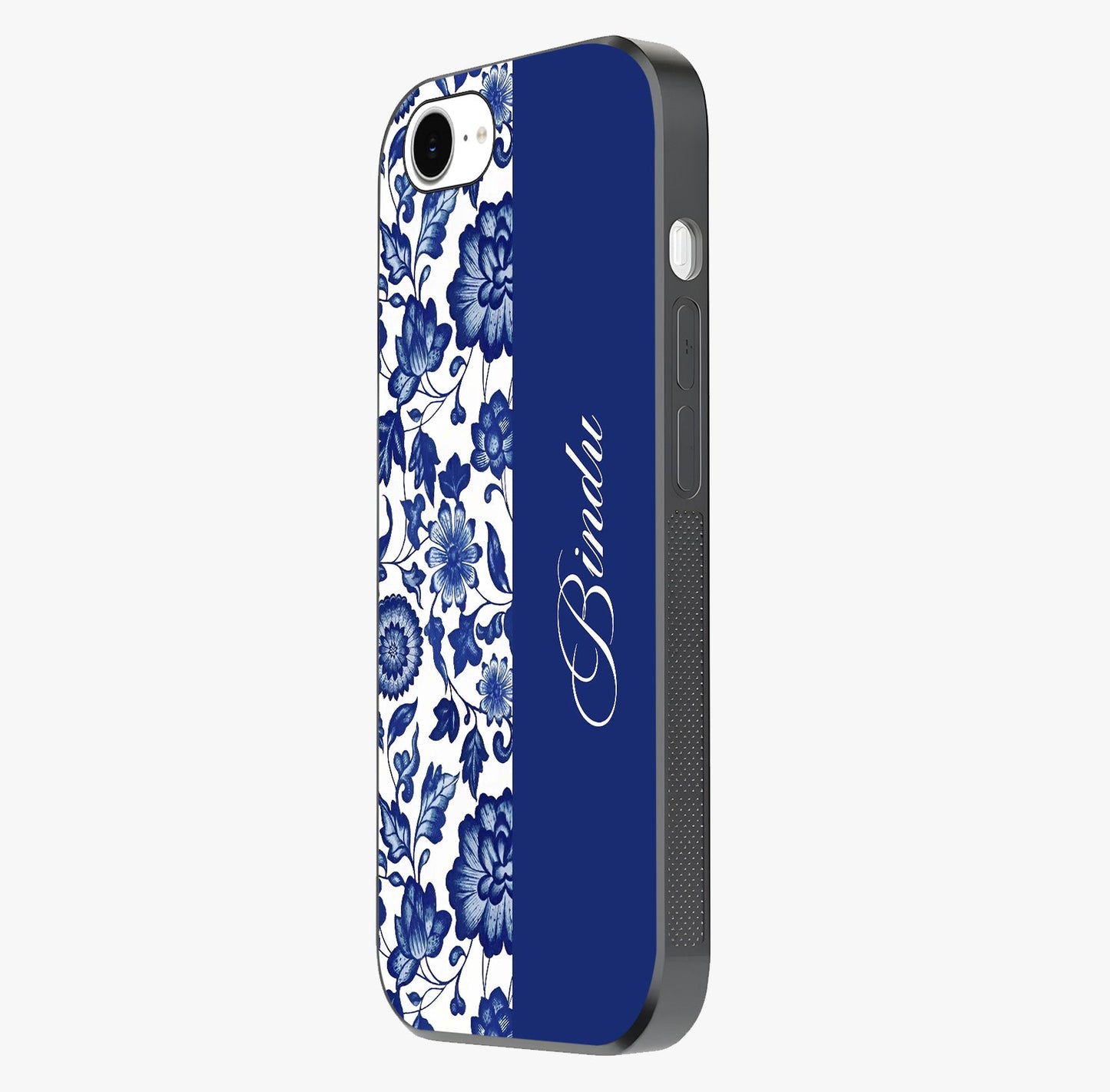 Blue Vintage Floral Pattern Glass Case photographed in natural light showing reflective finish and design depth.