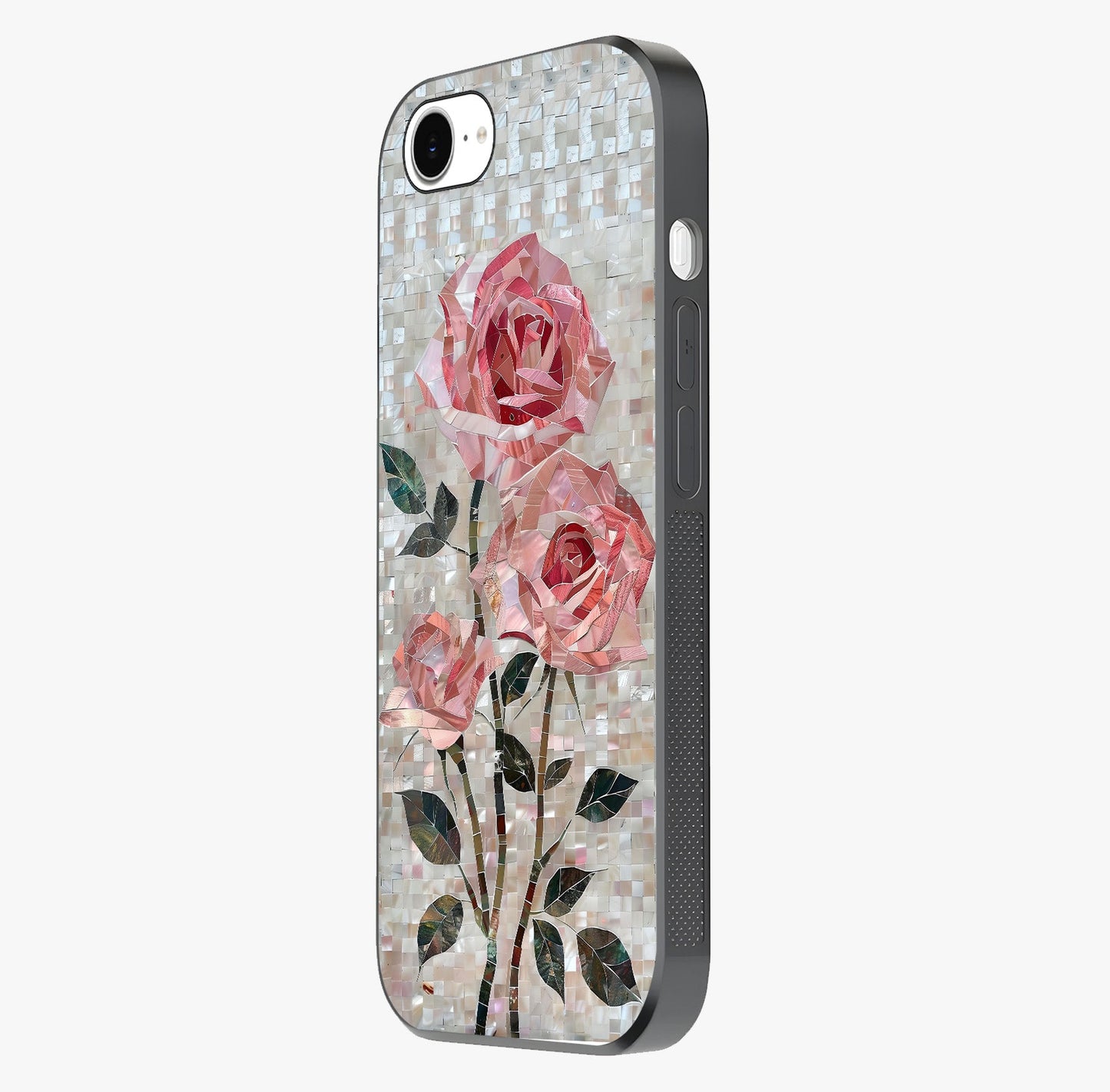Blush Mosaic Bloom Glass Case photographed in natural light showing reflective finish and design depth.