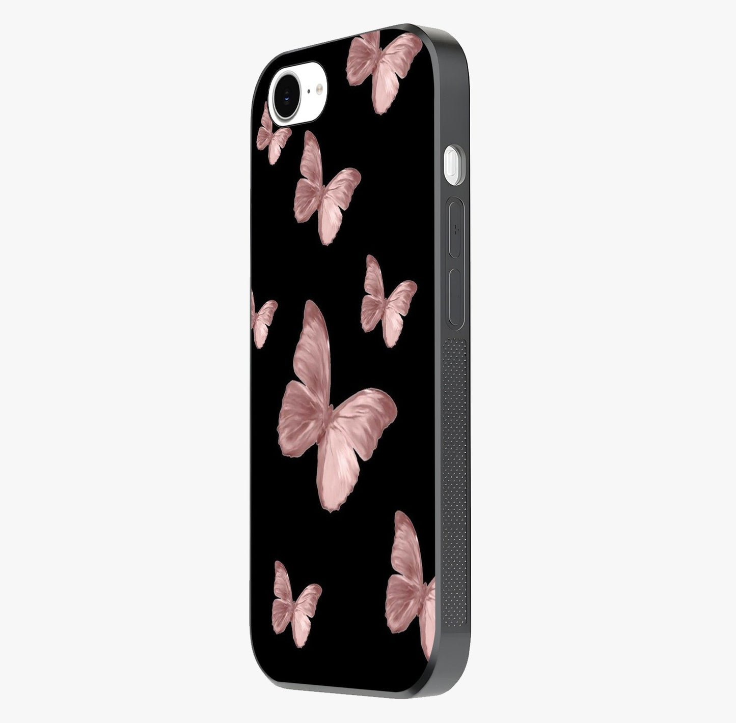 Butterfly Pattern Glass Case photographed in natural light showing reflective finish and design depth.