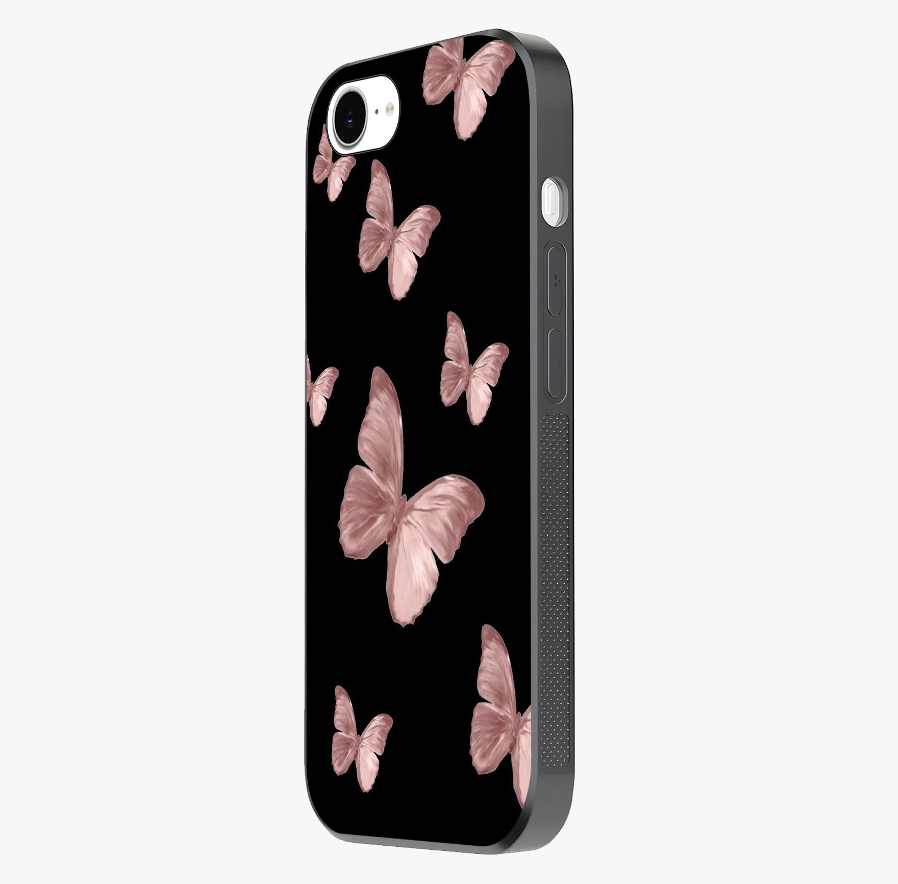 Butterfly Pattern Glass Case photographed in natural light showing reflective finish and design depth.