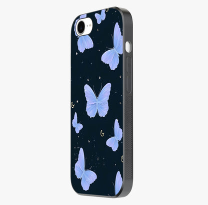 Butterfly With Stars Pattern Glass Case photographed in natural light showing reflective finish and design depth.