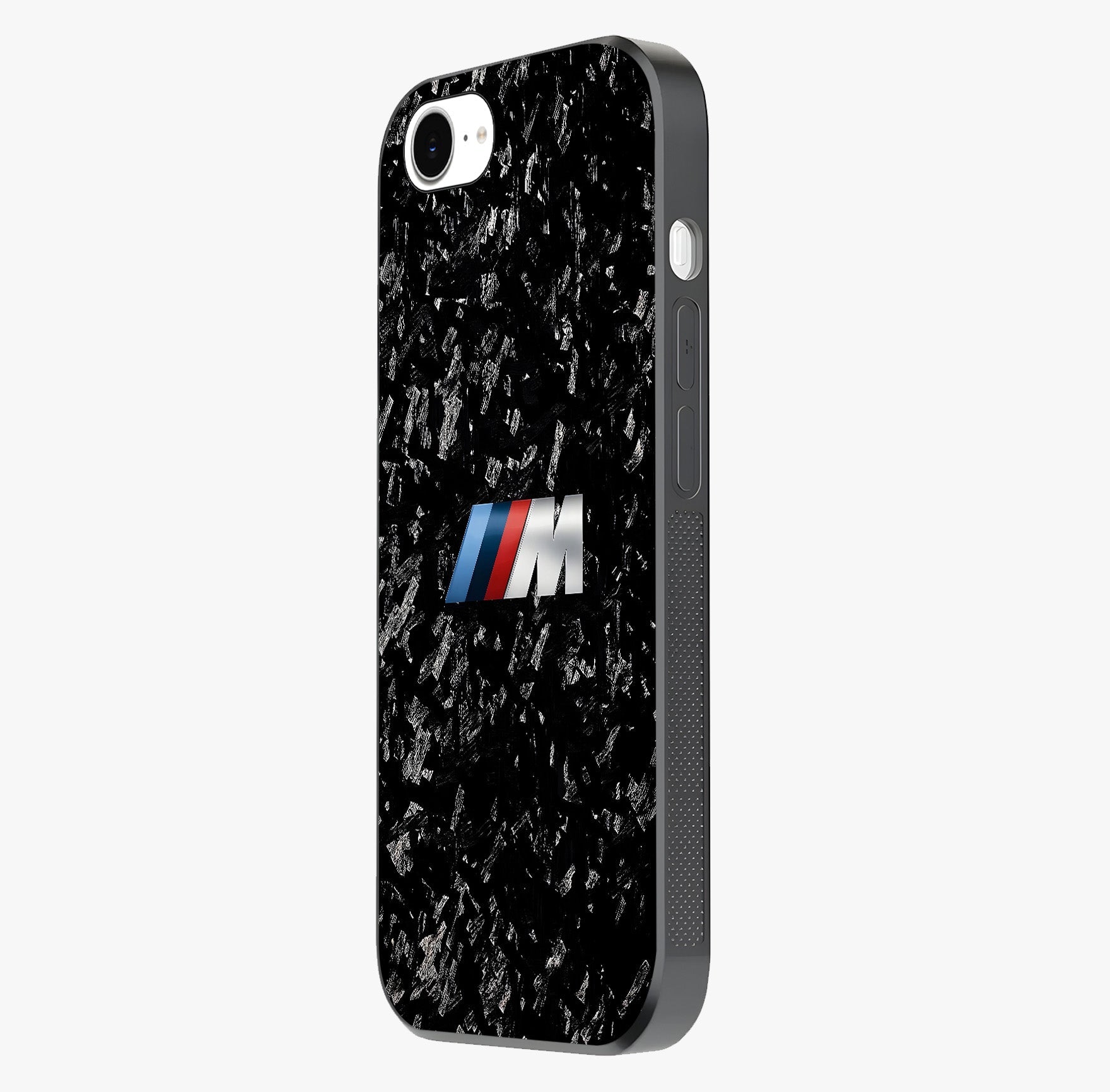 Carbon Speed Mark Glass Case photographed in natural light showing reflective finish and design depth.