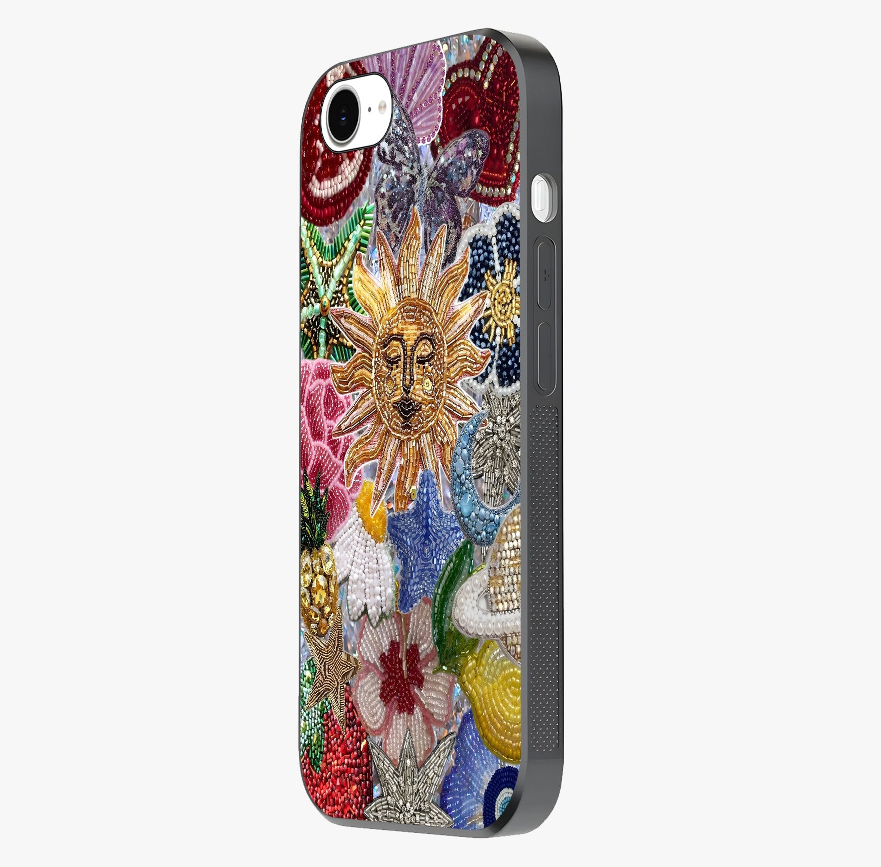 Celestial Floral And Playful Glass Case photographed in natural light showing reflective finish and design depth.
