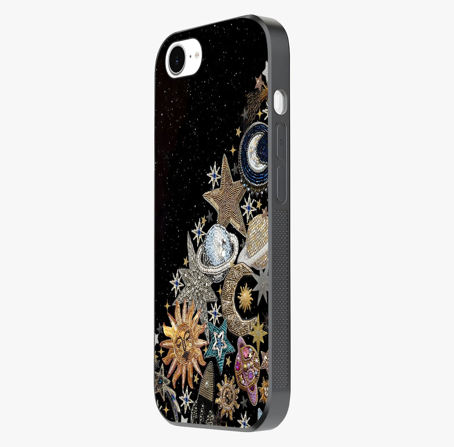 Cosmic Sparkle Dreams Glass Case photographed in natural light showing reflective finish and design depth.